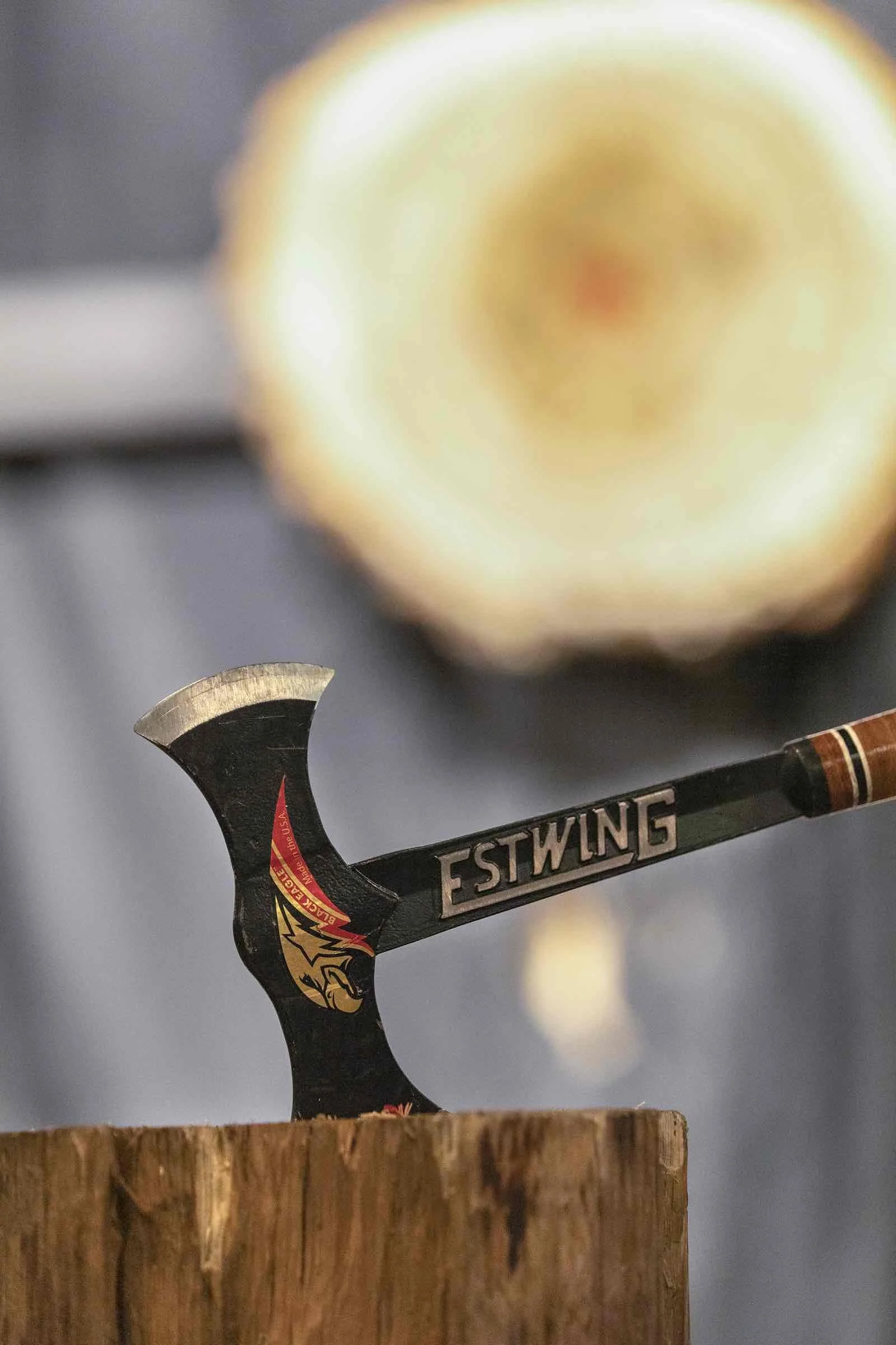 A black axe sits, stuck, in a tree slice target