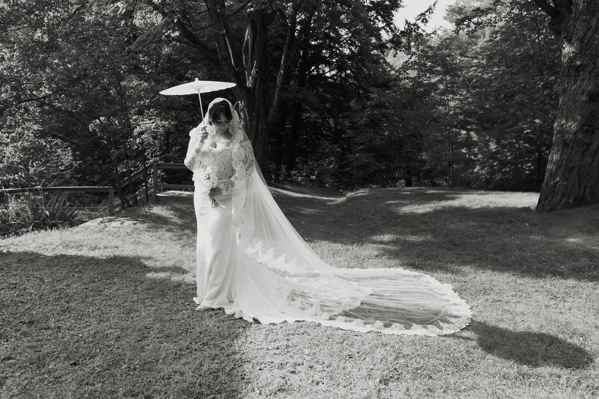A bride stands outside in a forested area with a parasol covering her face from the sun. She's looking downwards as the sun beams down on her.
