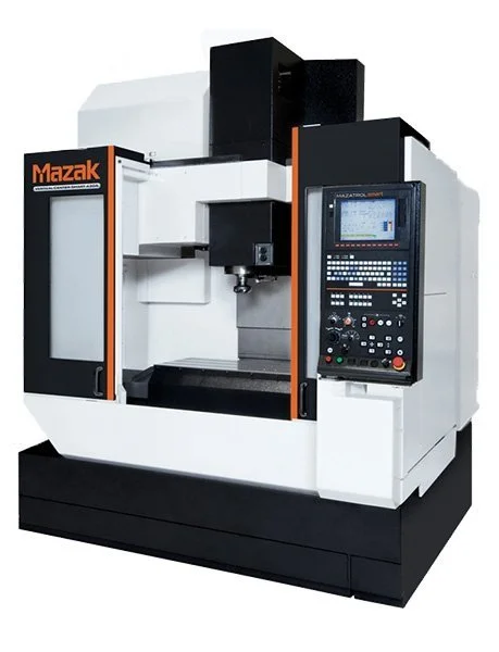 A Mazak CNC machining center with a digital control panel, primarily white with black and orange accents.