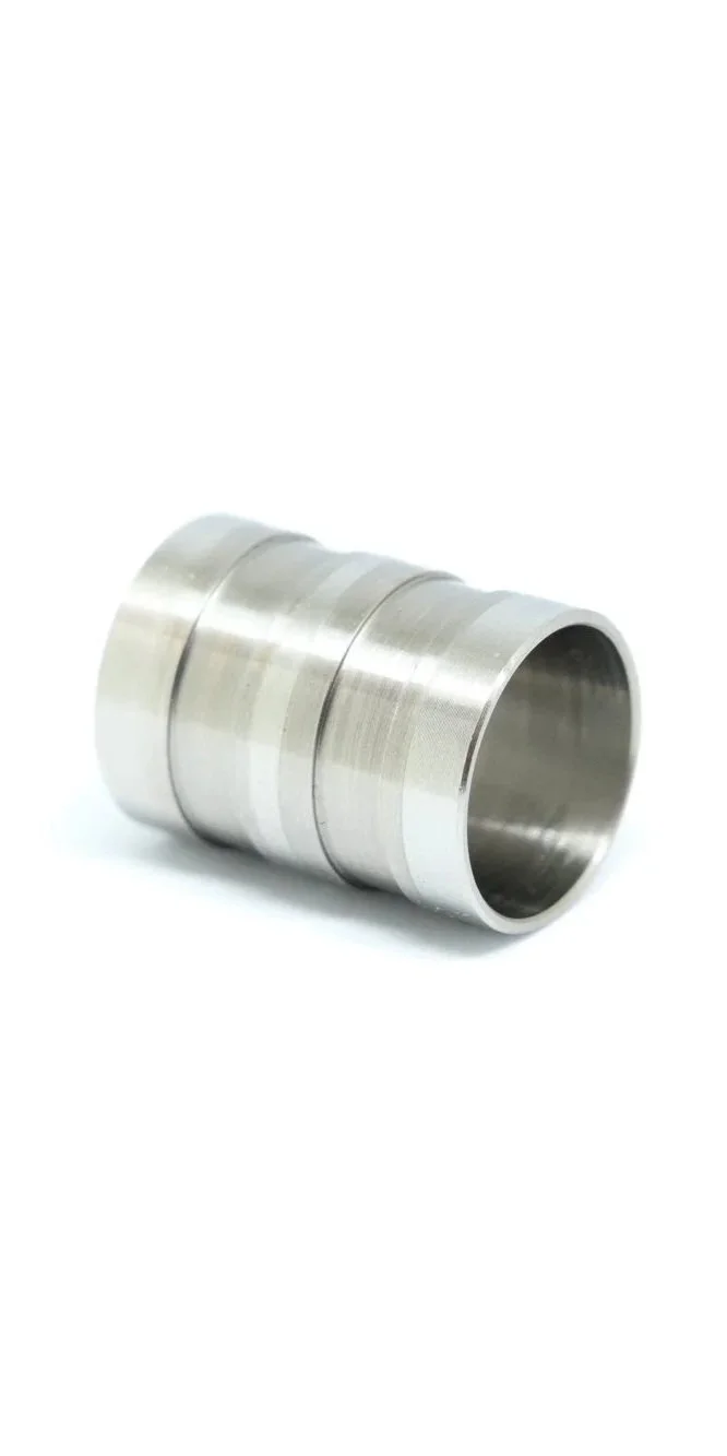 Metallic cylindrical mechanical part with three sections, possibly a adapter or connector, on a white background.