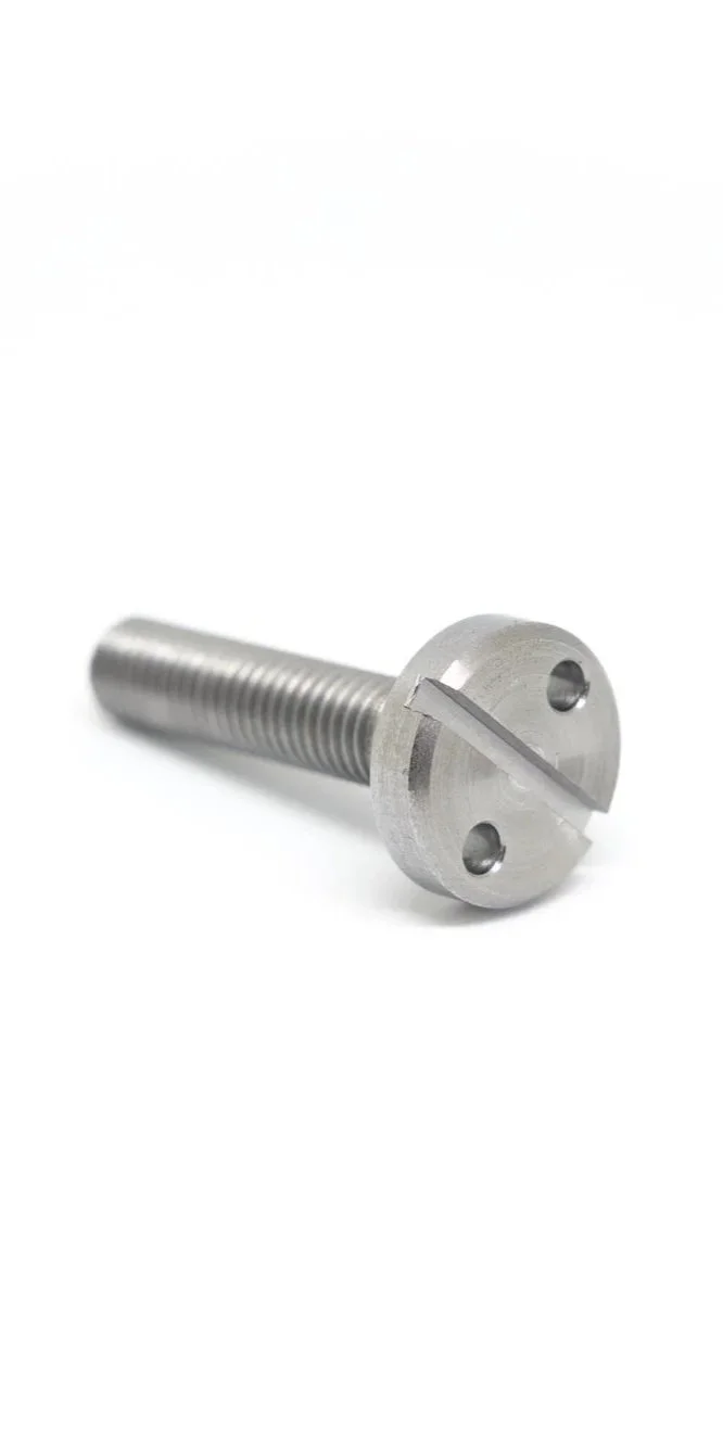 A close-up of a metallic screw with a flat head and a slot for a flat screwdriver, isolated on a white background.