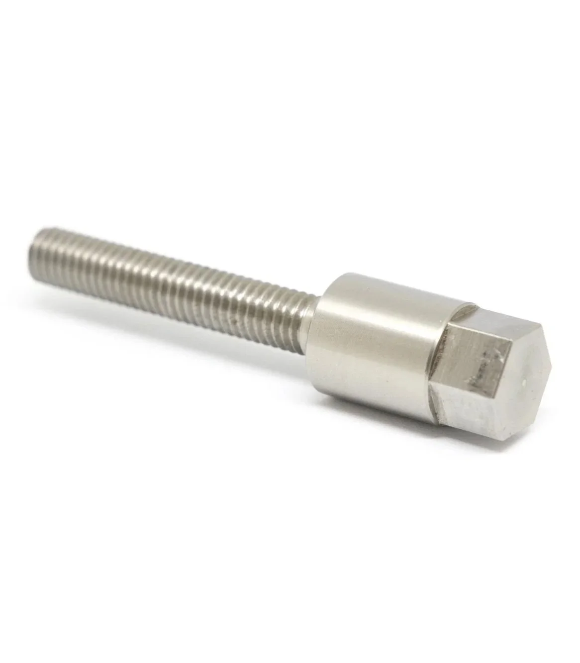 Metal bolt with a threaded shaft and a hexagonal head.