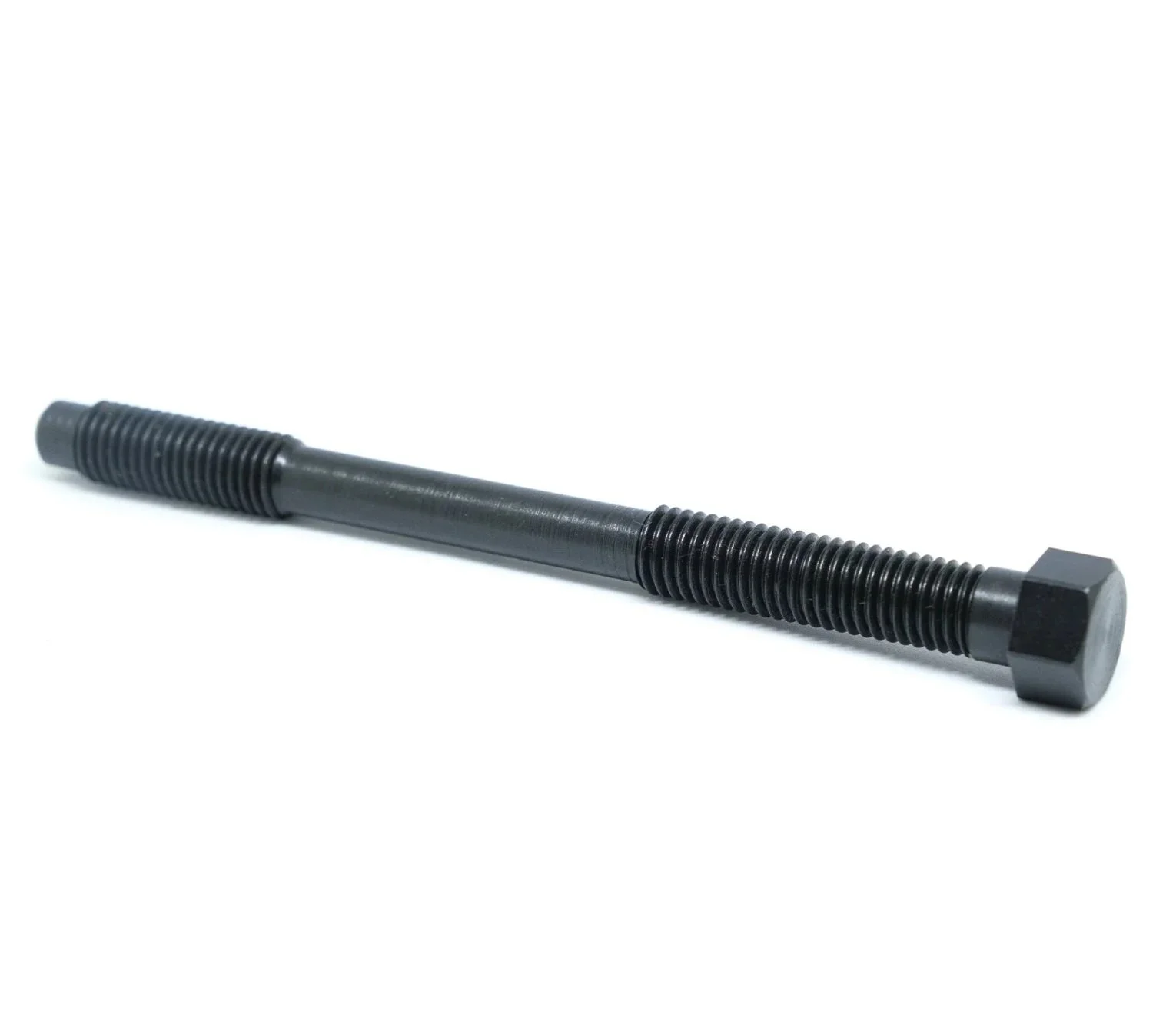 Black threaded rod with hex nut and knurled ends on a white background.