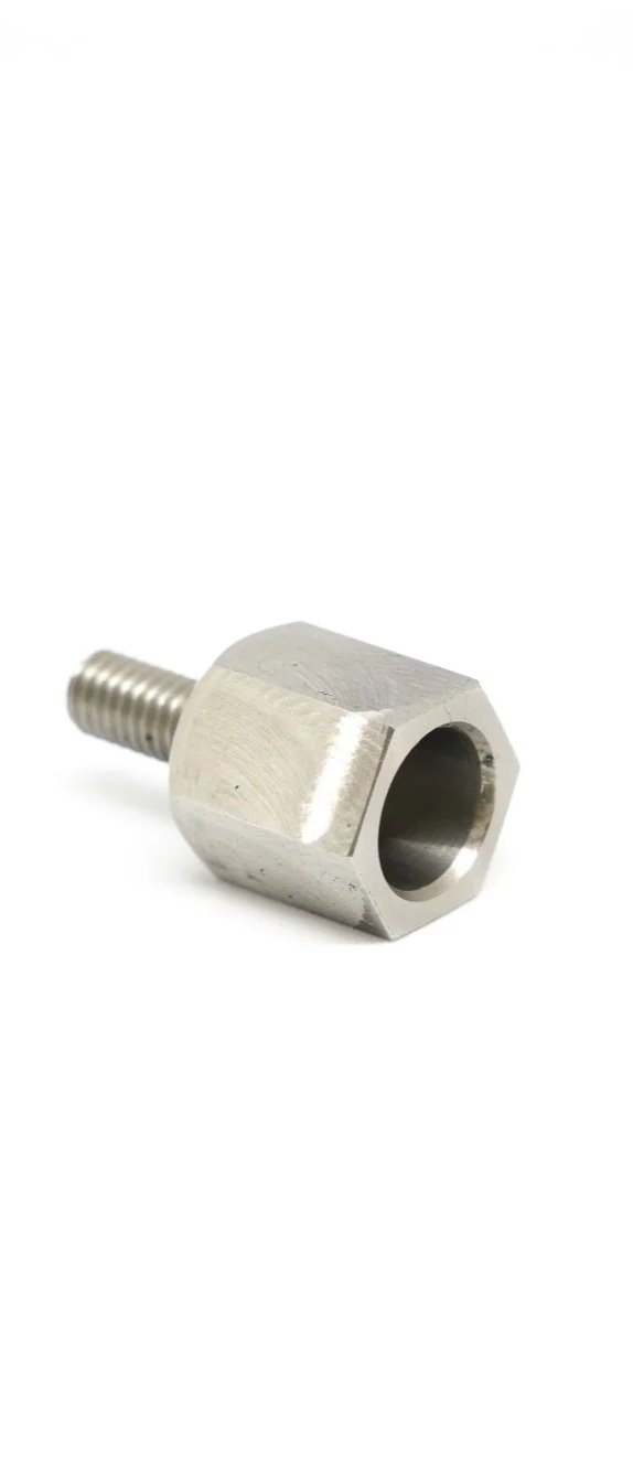 A metal bolt with a hexagonal head and a threaded shaft.