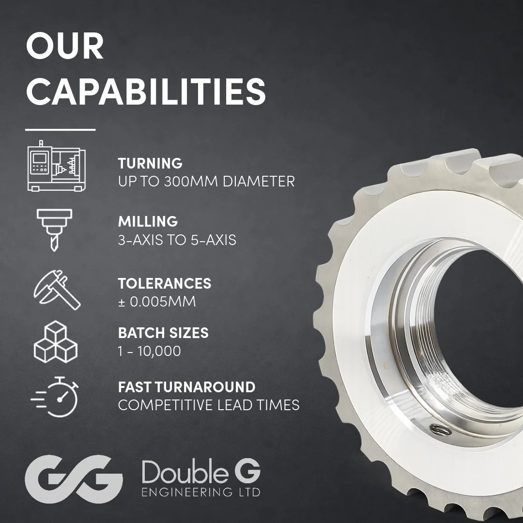 Precision. Reliability. Experience.

For over 50 years, Double G Engineering has delivered high-quality CNC machining solutions for customers who demand accuracy, reliability and consistency.

From initial drawings through to fully finished parts and