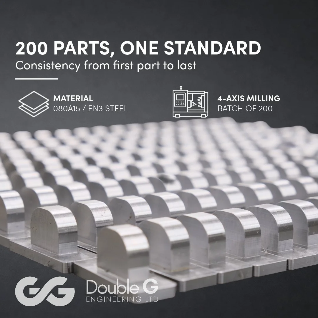 200 parts. One standard.

A batch of 200 components CNC milled from 080A15 / EN3 bright mild steel, using 4-axis machining to deliver consistent, repeatable results across the full production run.

From the first component to the last, maintaining th