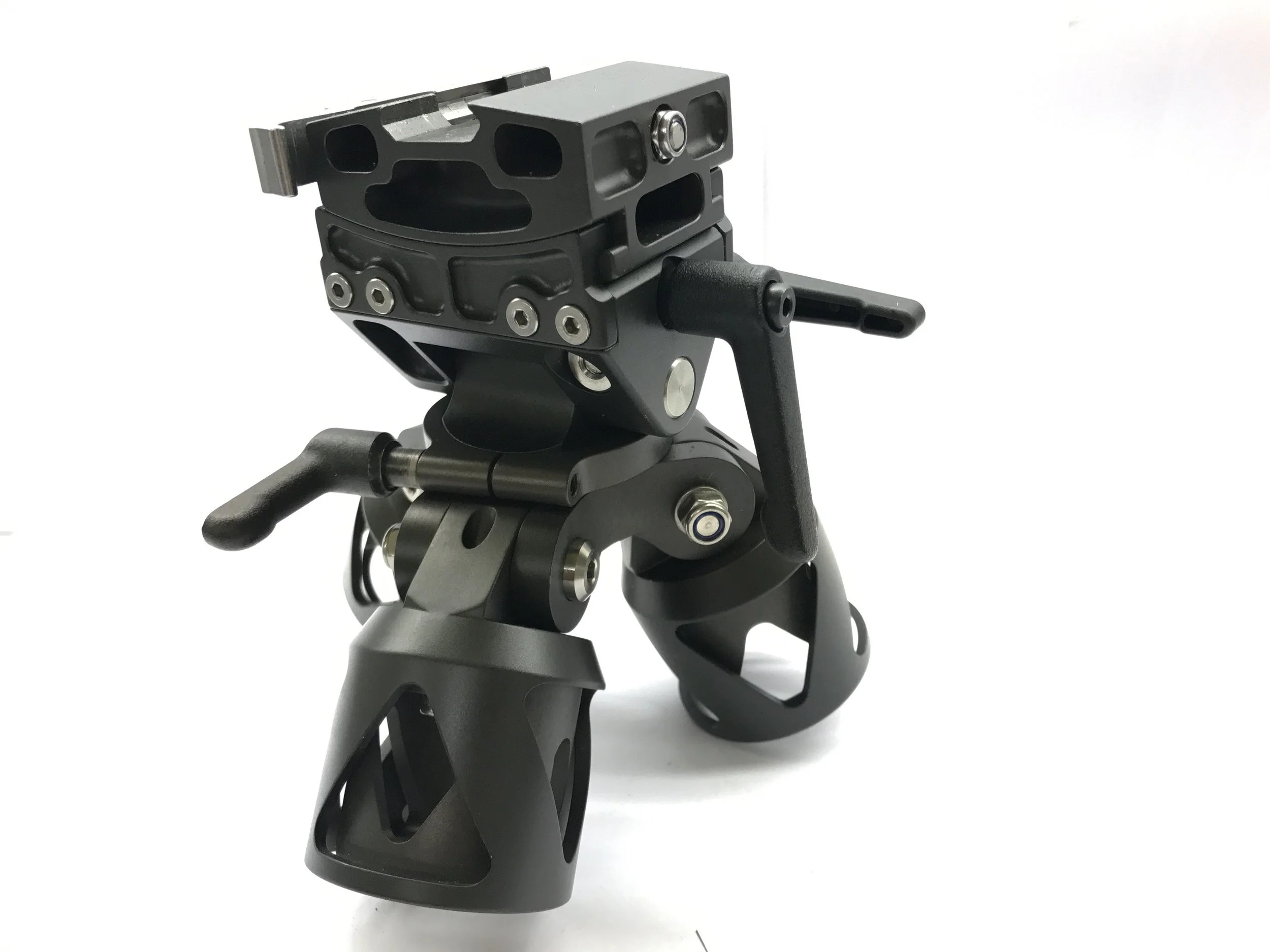 Close-up front view of a camera stabilizer gimbal with black and metallic components on a white background.