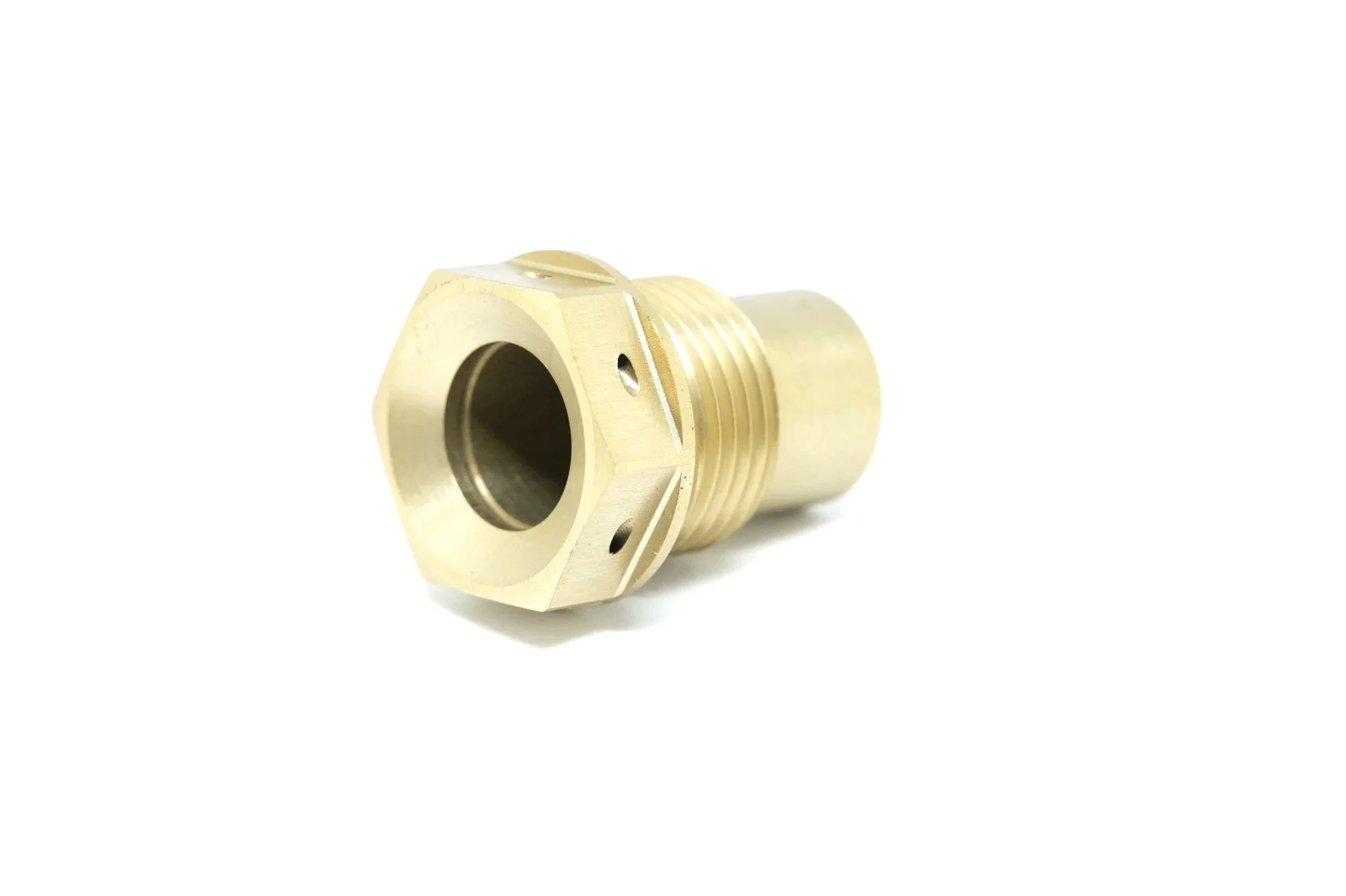 A brass-colored, threaded mechanical component with a cylindrical shape and a hexagonal nut-like head, isolated on a white background.