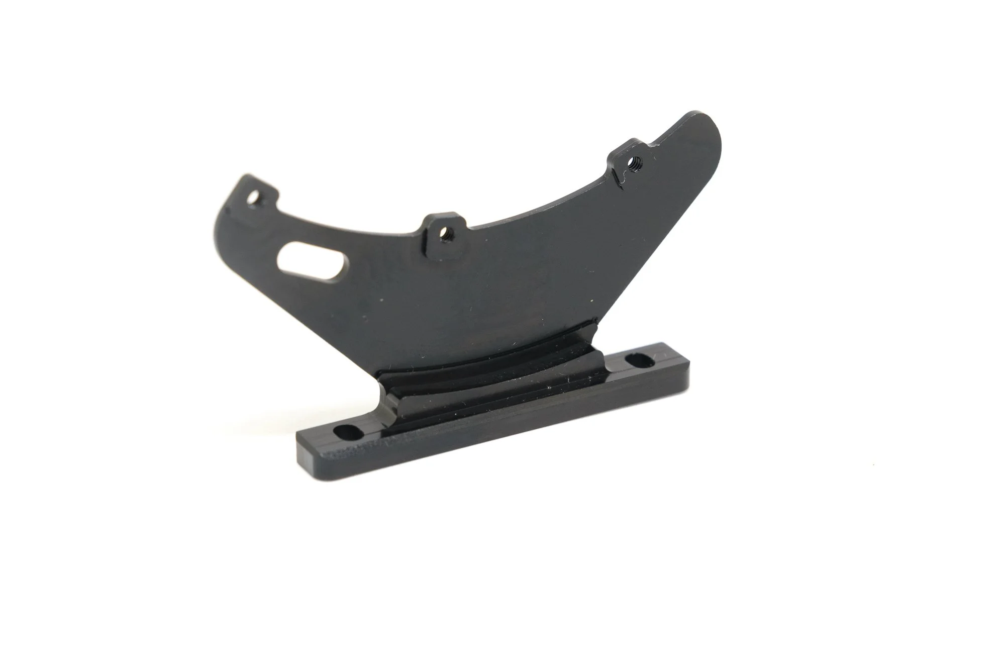 Black metal mounting bracket with a curved top and a flat base with screw holes