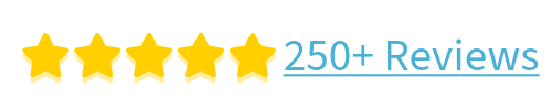 Five gold stars with the text '250+ Reviews' underneath