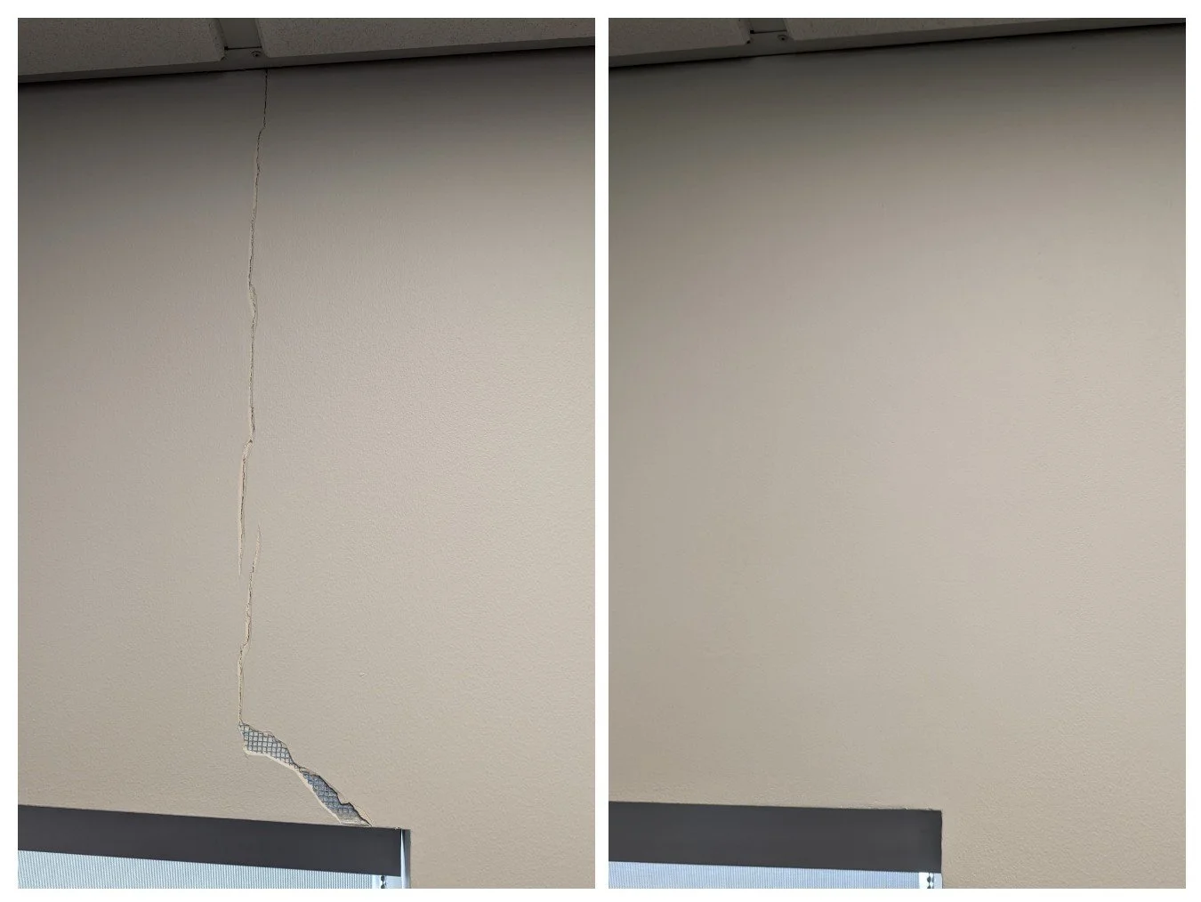 Drywall patch repaired and painted the same day for a seamless finish.