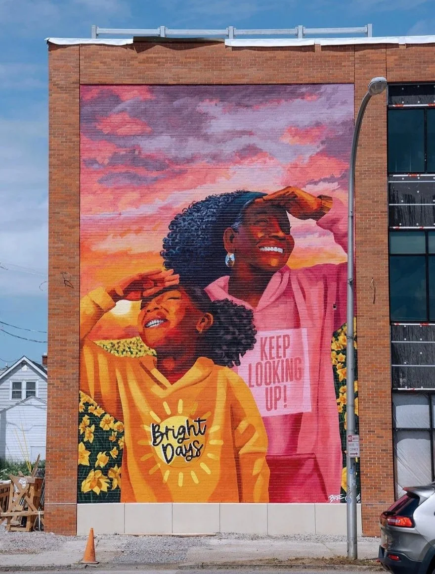 'Bright Days' (2026) Designed and led by Bree Gilliam in collaboration with Buffalo AKG Art Museum's Public Art Initiative and Evergreen Health Services. Acrylic on brick. 24 feet x 36 feet. On view at 3070 Bailey Avenue, Buffalo, NY.
Photo: Pat Cray