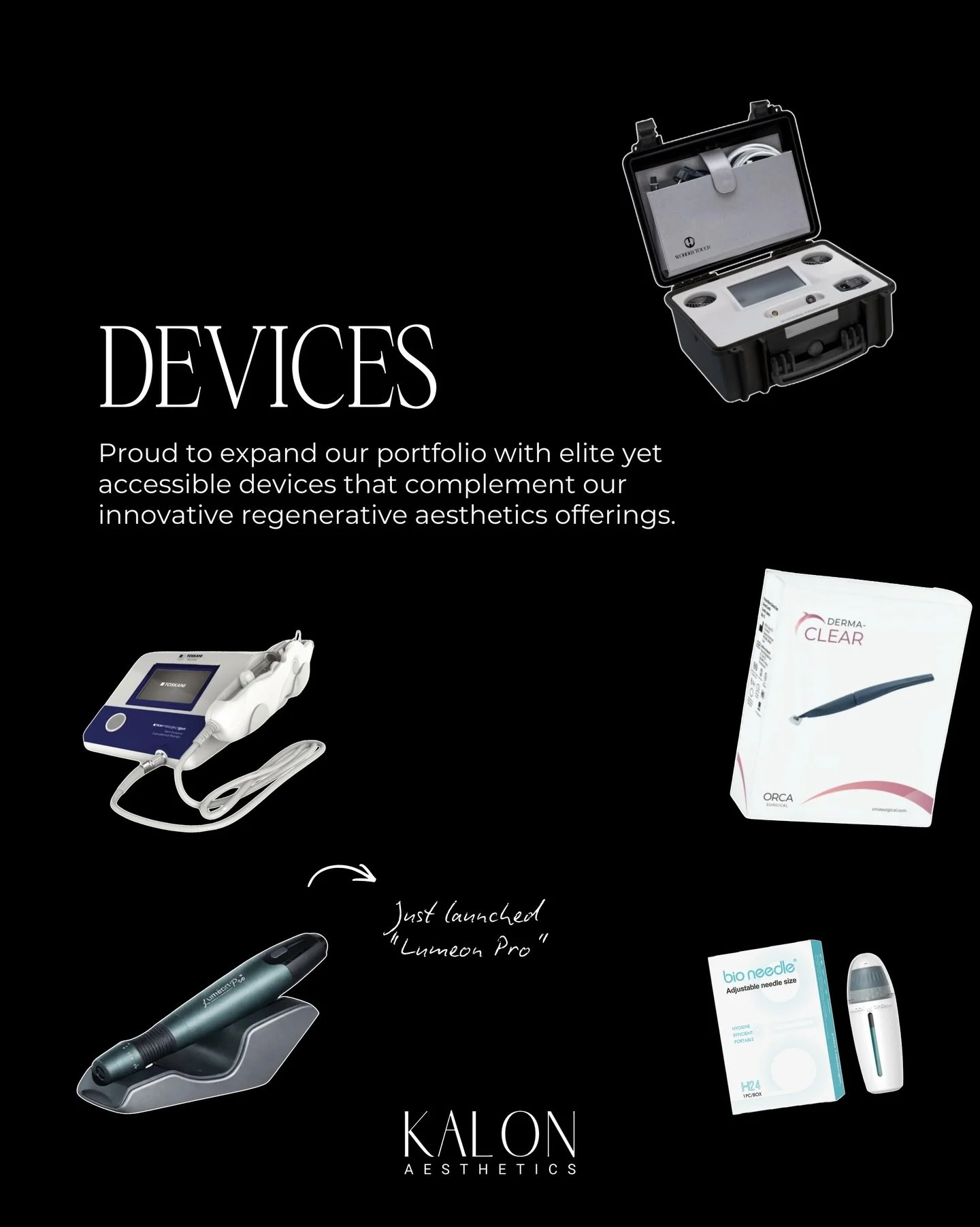 Discover the advanced devices we carry and explore the technology we use to deliver results-driven, elevated care.

Devices we carry:
+ Mesoject Pulse Booster
+ Lumeon Pro Meso-Microneedle
+ Derma-Clear Micro Extraction Tool
+ Bioneedle&trade; Adjust