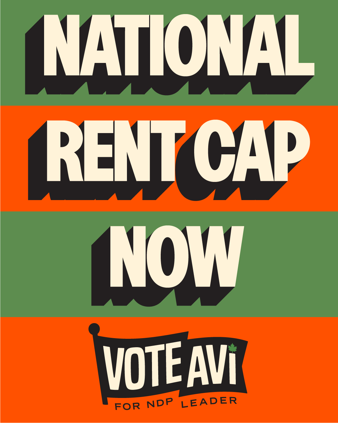 A deep drop shadow headline treatment on striped green and orange background reads 'national rent cap now' with a Vote Avi logo below