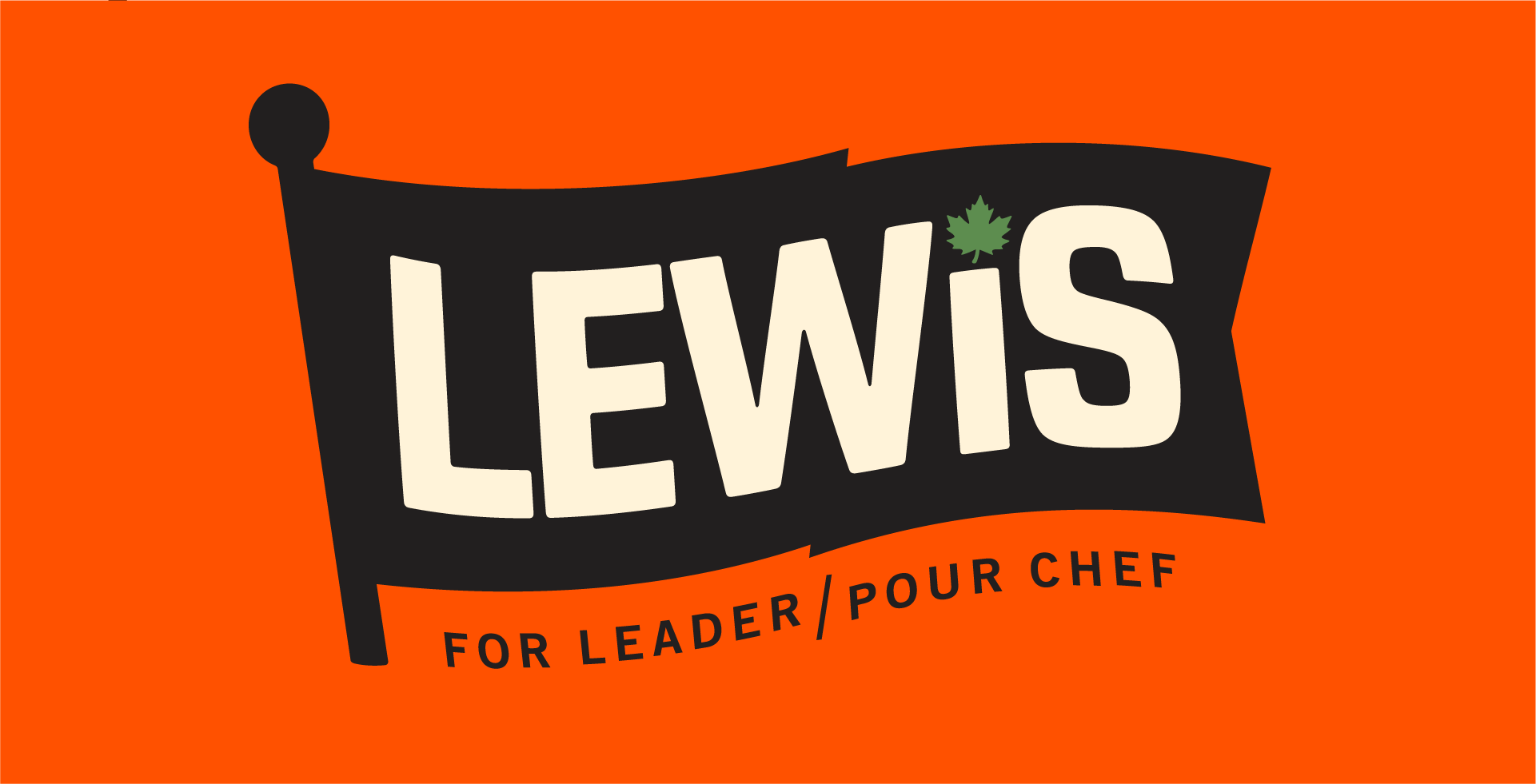 Lewis for Leader bilingual logo in black on an orange background