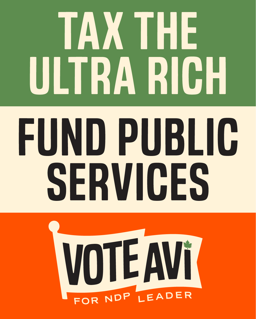Bold woodcut-style headline reads 'tax the ultra rich, fund public services' on a striped green, cream and orange backgound with a Vote Avi logo below.