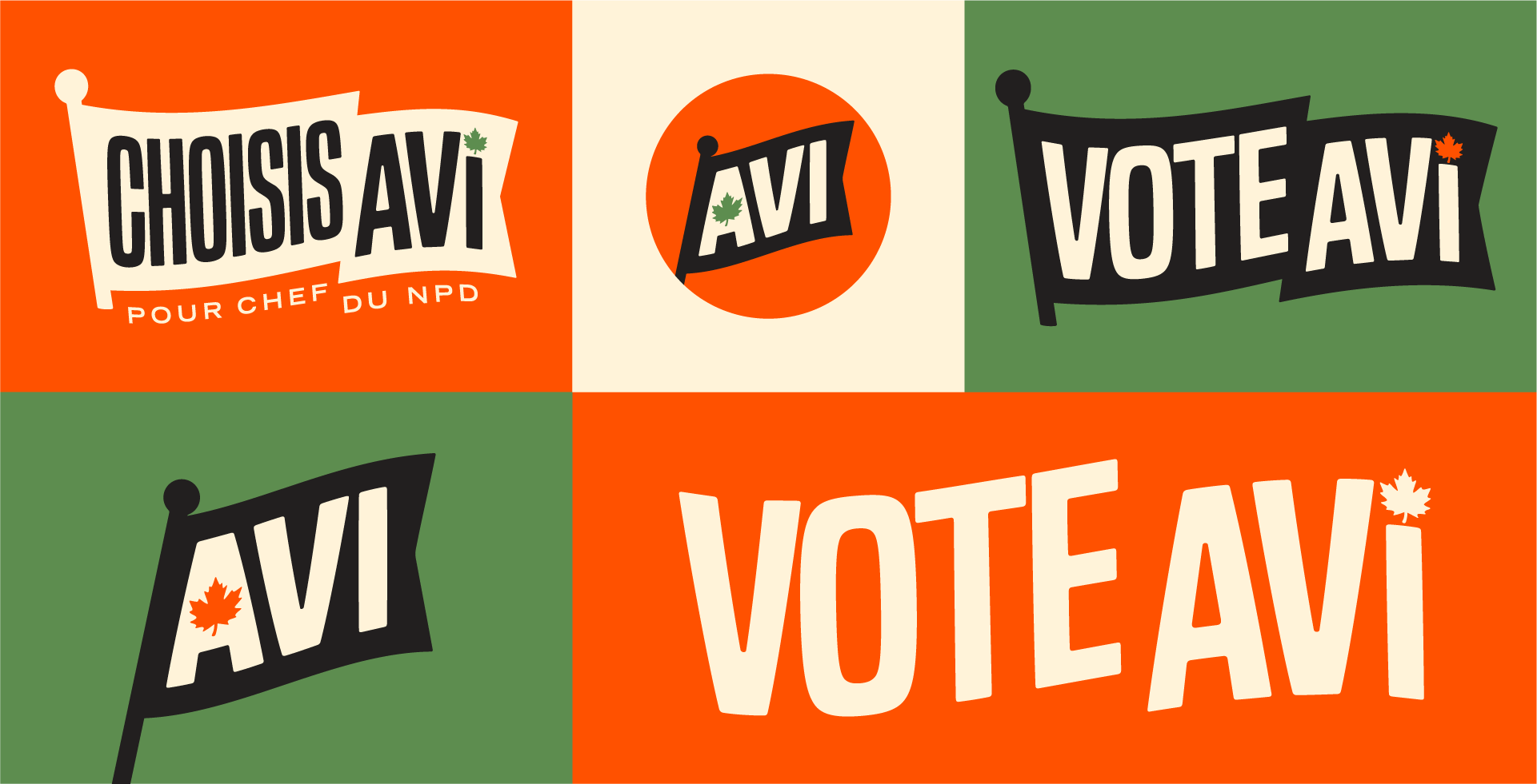 An array of different versions of the Vote Avi and Lewis for Leader logos in English and French