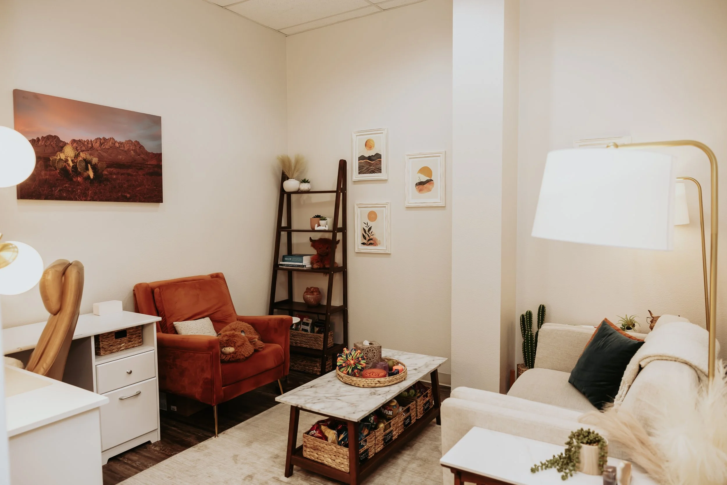 A cozy living room with a white wall decorated with framed artwork and a large desert landscape photograph, featuring a brown armchair with plush toys, a white side table, a walnut bookshelf with plants, a marble coffee table with baskets of toys, an
