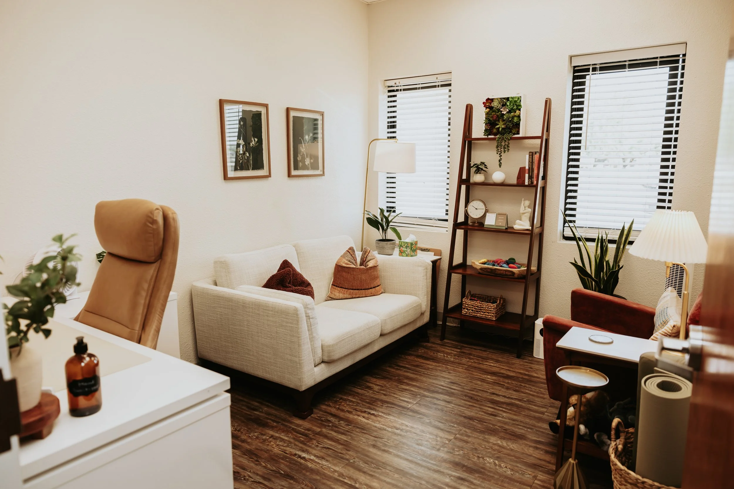 A cozy living room corner with a white sofa, decorative pillows, a wooden bookshelf with plants and books, two windows with blinds, and various plants and decorations.