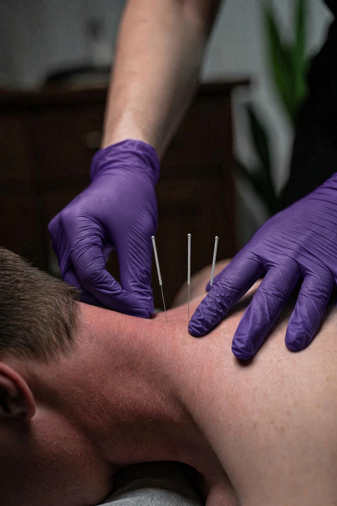 Acupuncture treatment being administered to a person's neck by a practitioner wearing purple gloves.