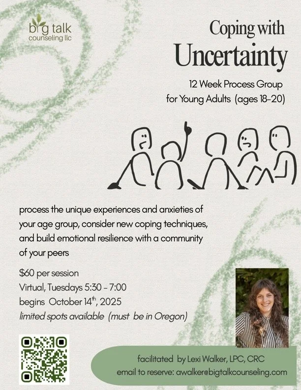 Flyer for big talk counseling virtual group for young adults