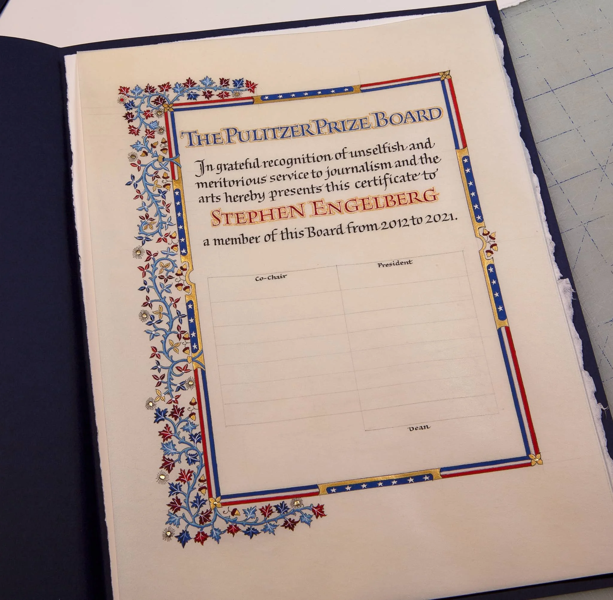 Scroll on vellum for Columbia University. Pen written with 23k gold leaf.