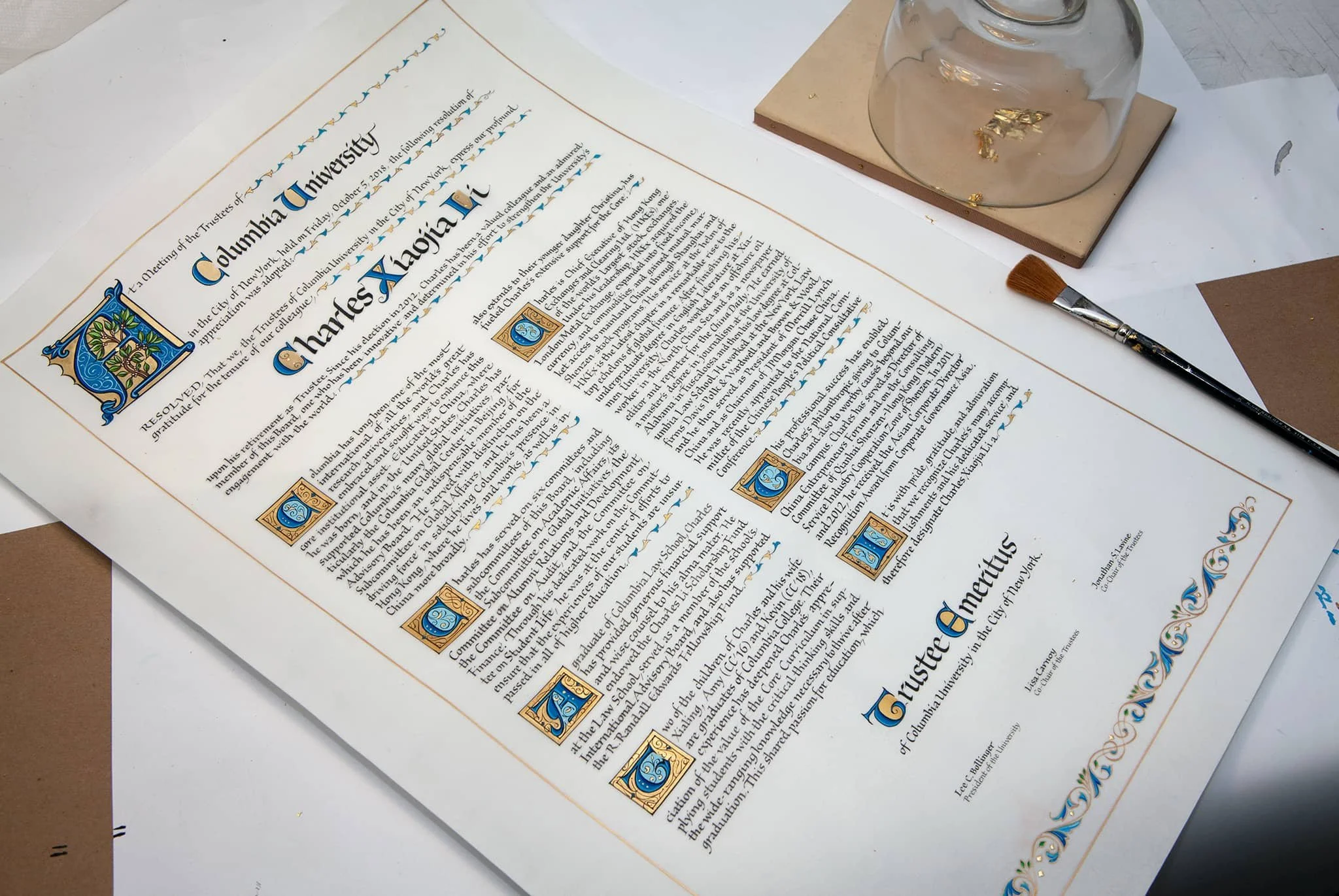 Scroll on vellum for Columbia University. Pen written with 23k gold leaf.