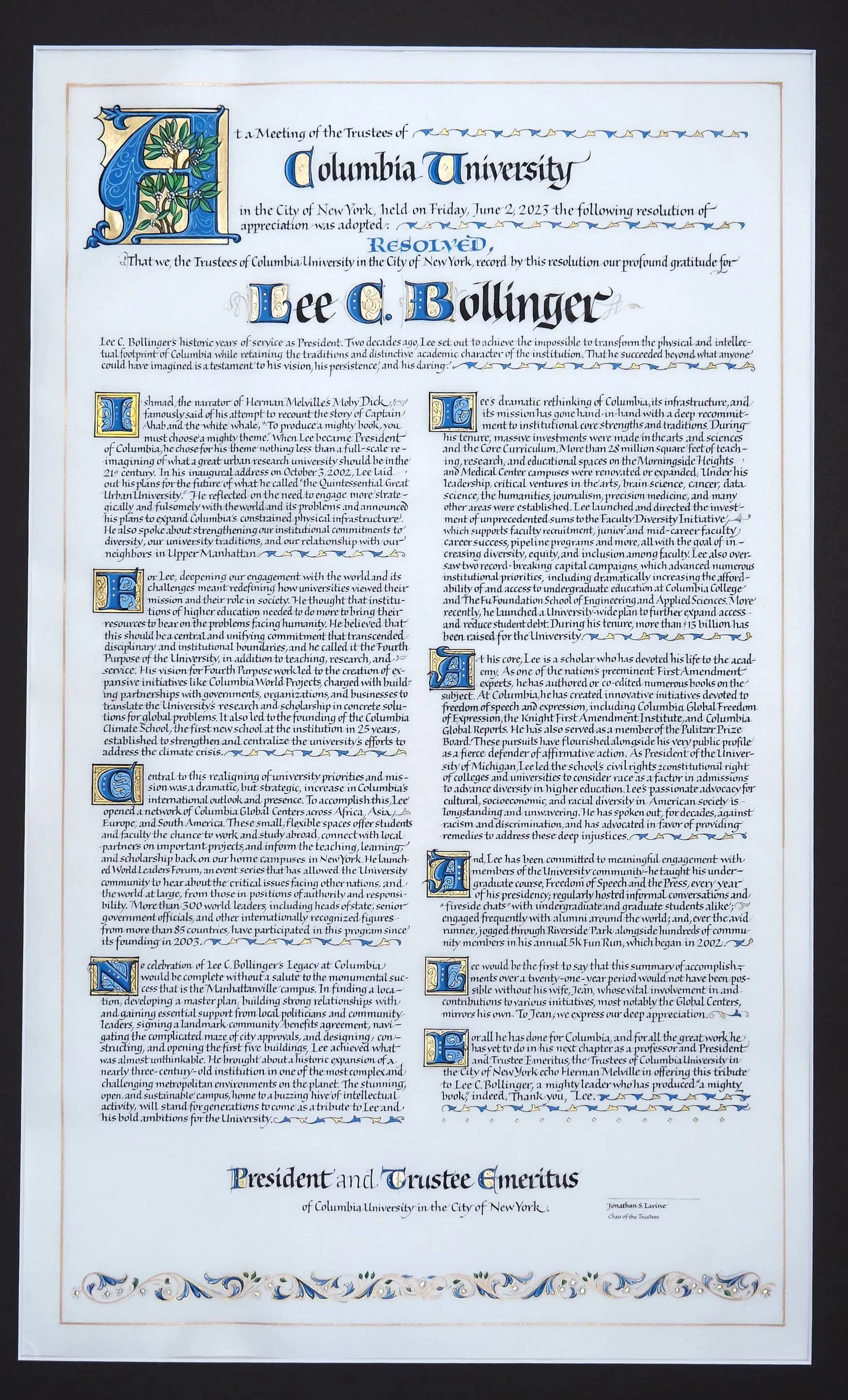 A large, hand-written scroll for Columbia University, on vellum with illumination and gilding in 23K gold leaf & powder gold. 