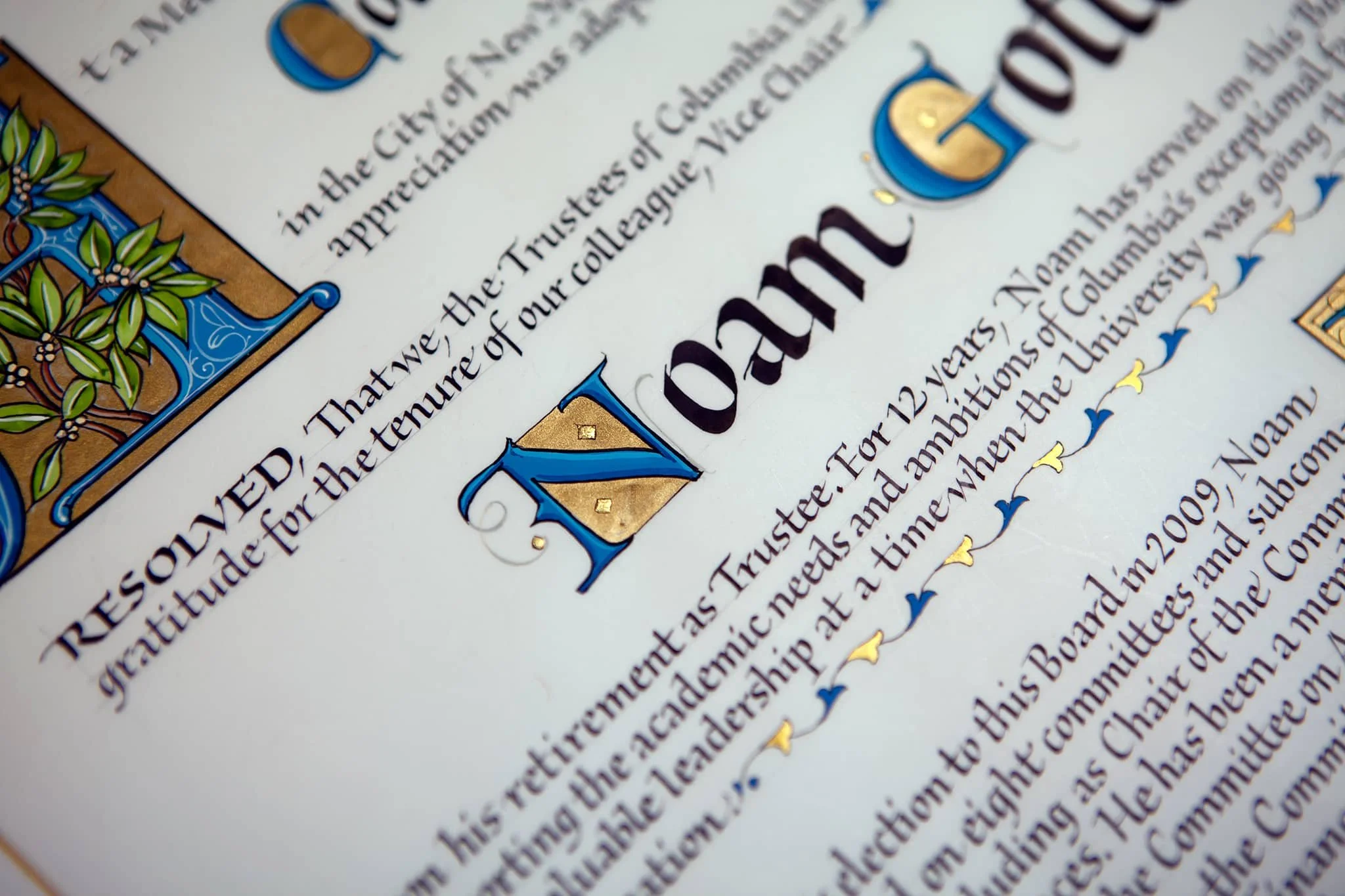 Calligraphy  Resolution on vellum for Columbia University honoring Chair members.