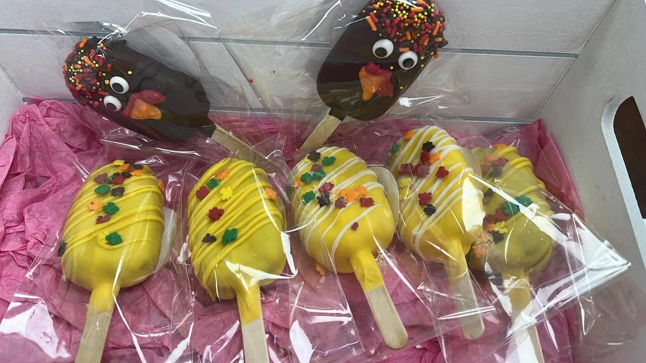 Decorated chocolate and vanilla Cakesicles shaped like turkeys with googly eyes and colorful sprinkles, and  yellow Cakesicles with colorful sprinkles