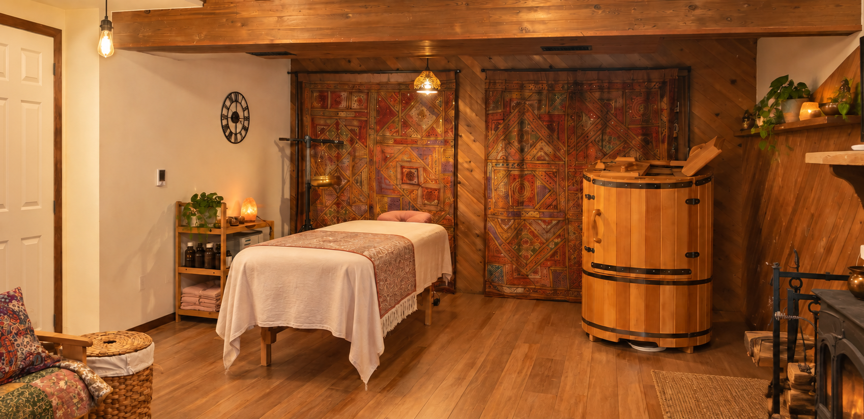 Ayurvedic Way treatment room in Sammamish with massage table and Ayurvedic steam cabinet