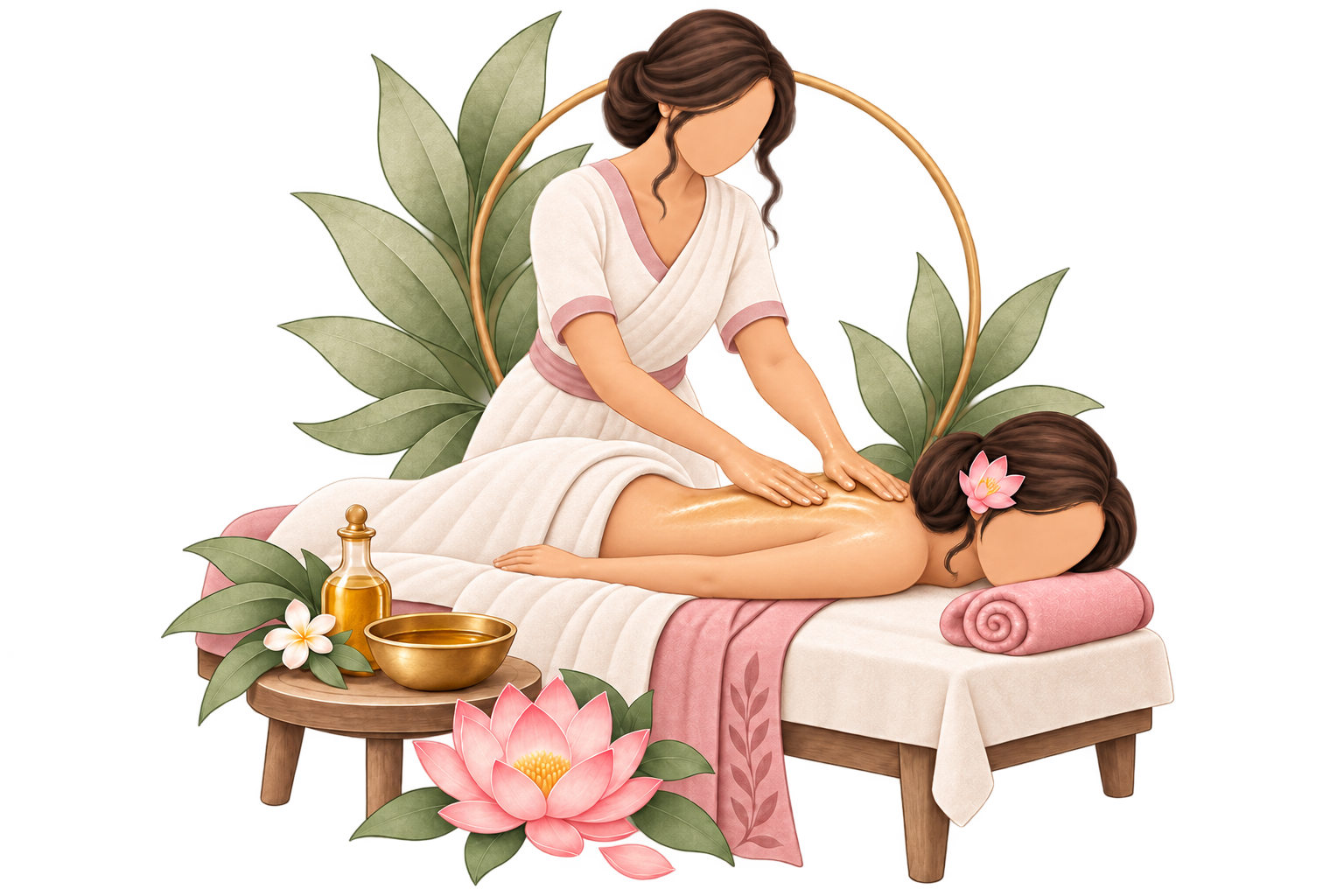 Woman receiving a massage in a spa setting with candles, flowers, and spa products on a wooden tray nearby.
