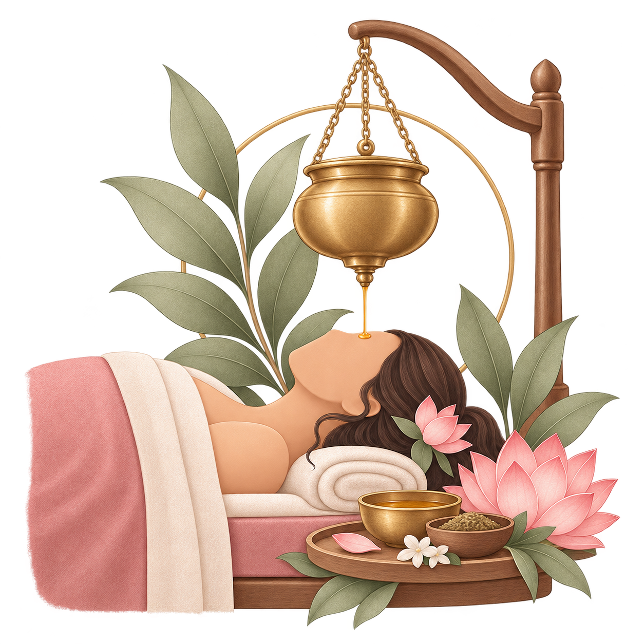 A woman lying down on a massage table with her eyes closed, receiving a massage treatment with herbal oil poured onto her forehead, and a towel under her head.