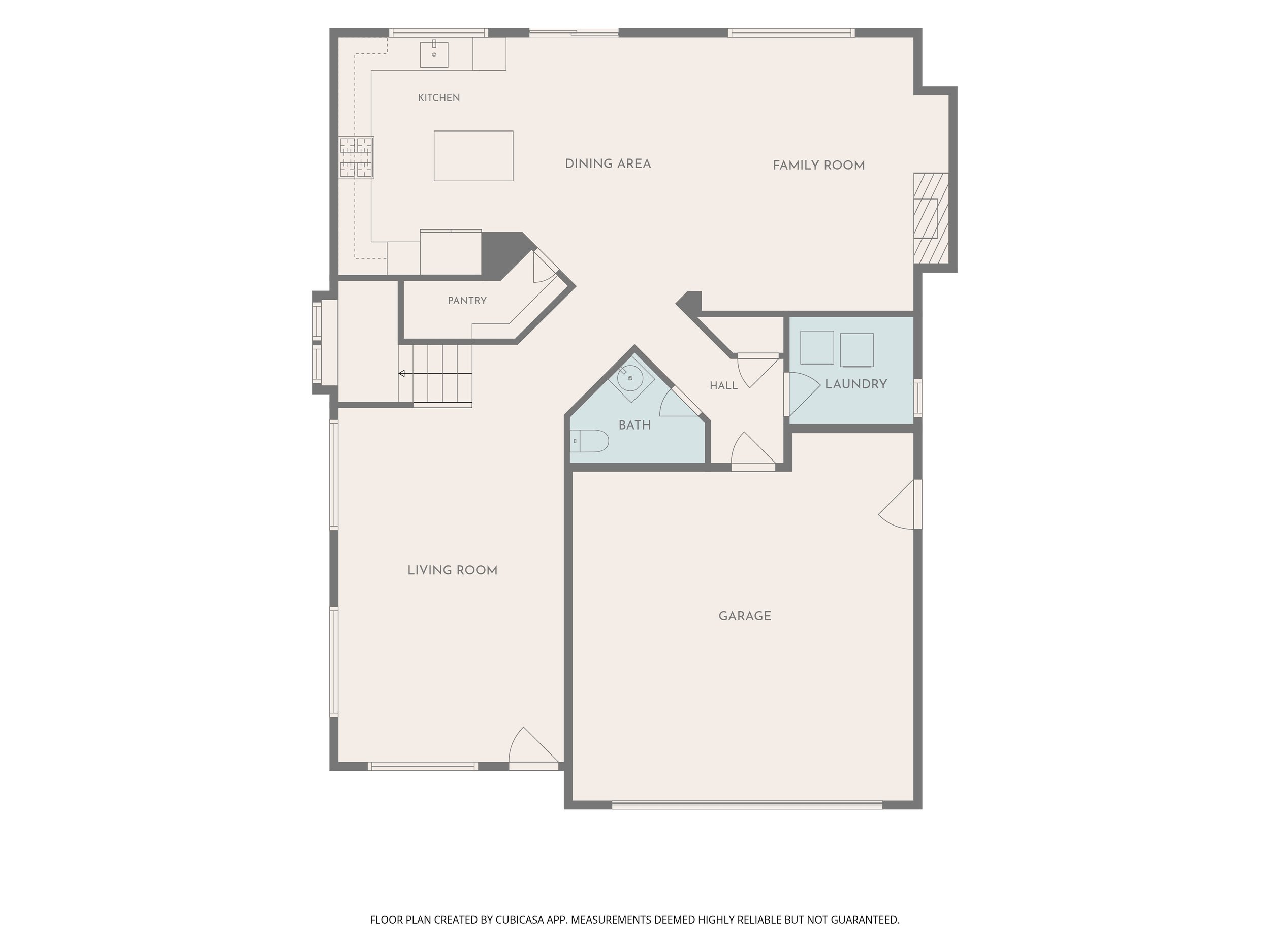 Floor plan of a house showing a living room, bathroom, hall, laundry room, garage, pantry, dining area, family room, kitchen, with entrance doors.