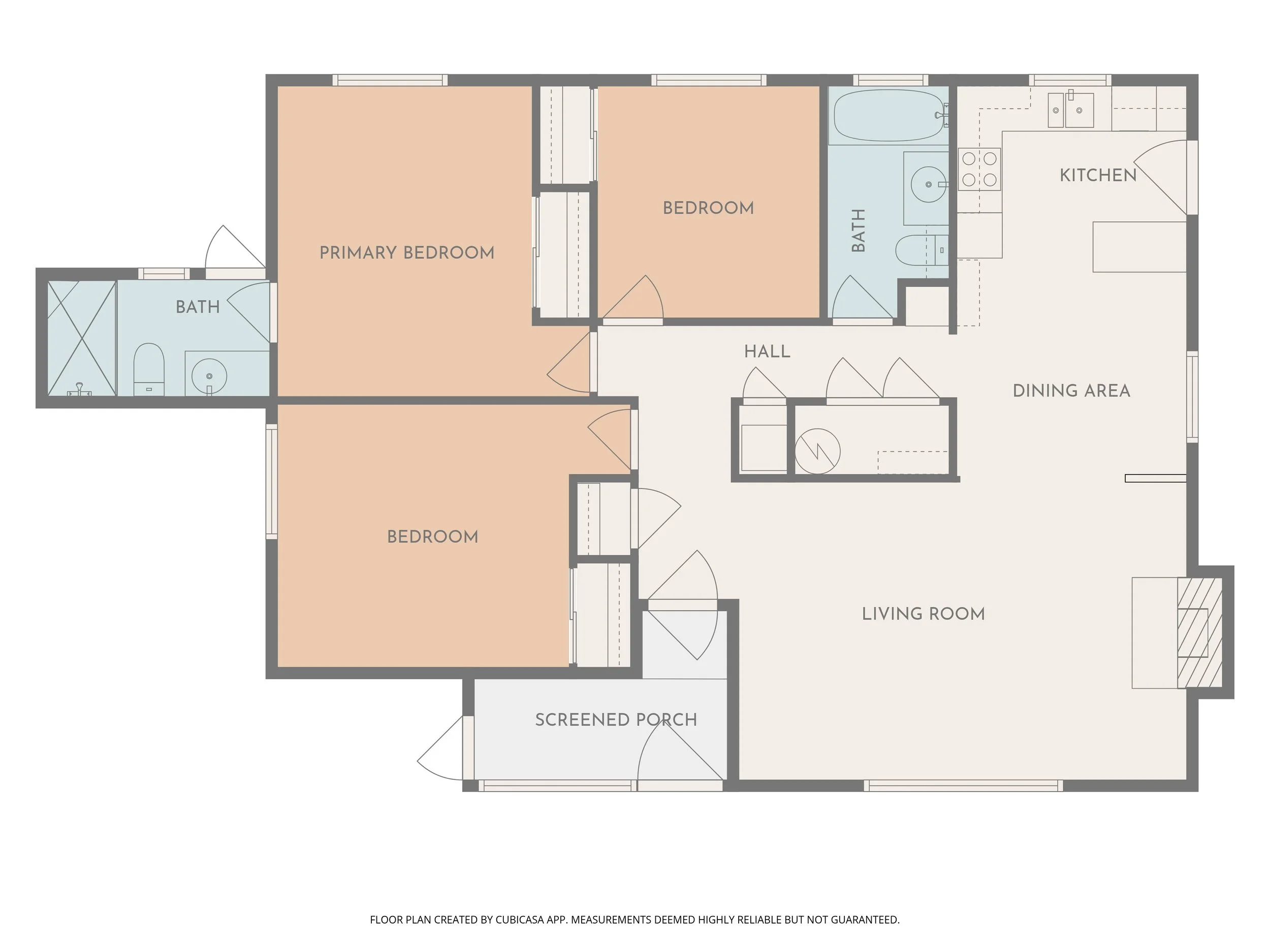 A detailed floor plan of a residential home showing various rooms including primary bedroom, bathroom, secondary bedroom, hall, living room, kitchen, dining area, screened porch, and additional bathrooms, with measurements and layout details.
