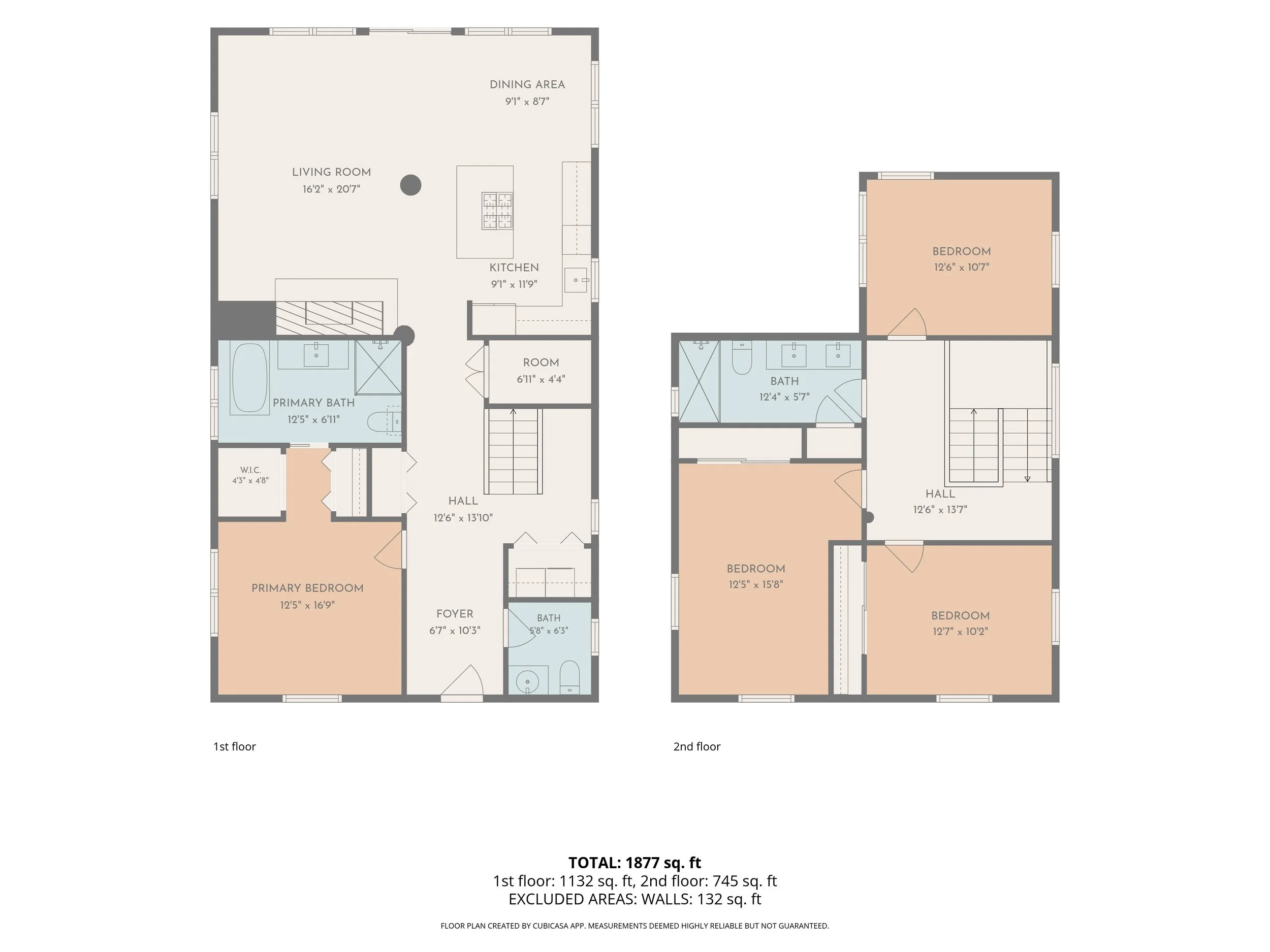 Floor plan of a two-story house showing various rooms, including bedrooms, bathrooms, living areas, and kitchens, with measurements for each room.