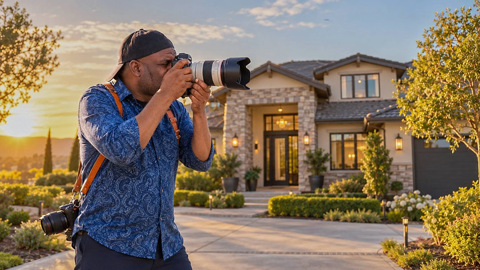 Illustration of a real estate photographer photographing a home exterior at sunset.