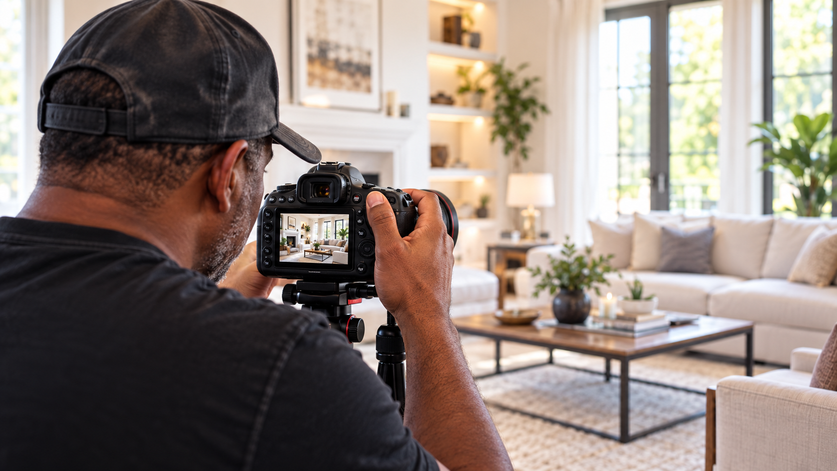 Illustration of a photographer photographing a bright furnished living room.