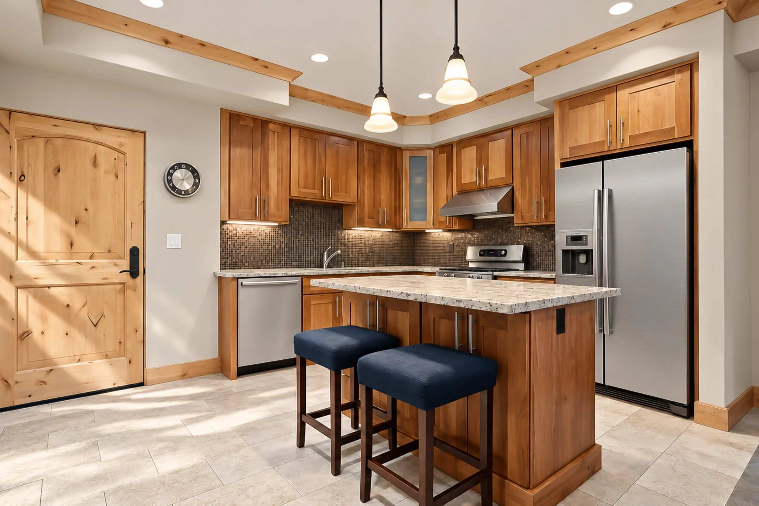 Bear Valley kitchen with a breakfast island, wood cabinets, and stainless steel appliances