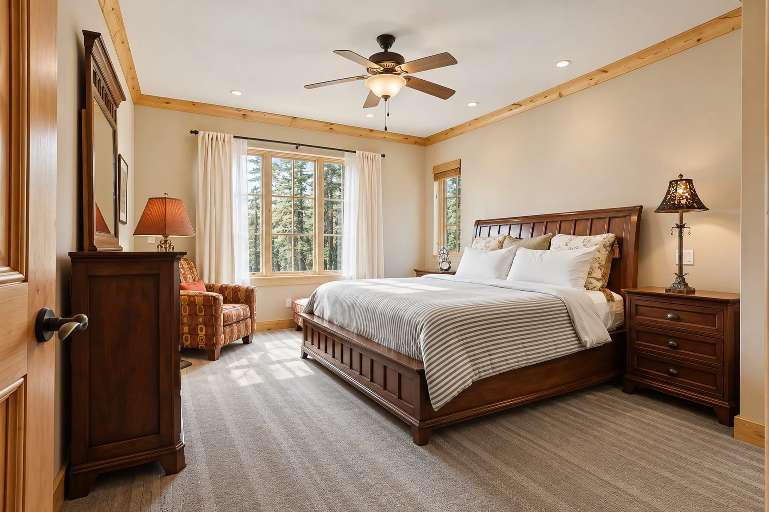 Bear Valley bedroom with a wood bed, white bedding, matching nightstands, and a ceiling fan