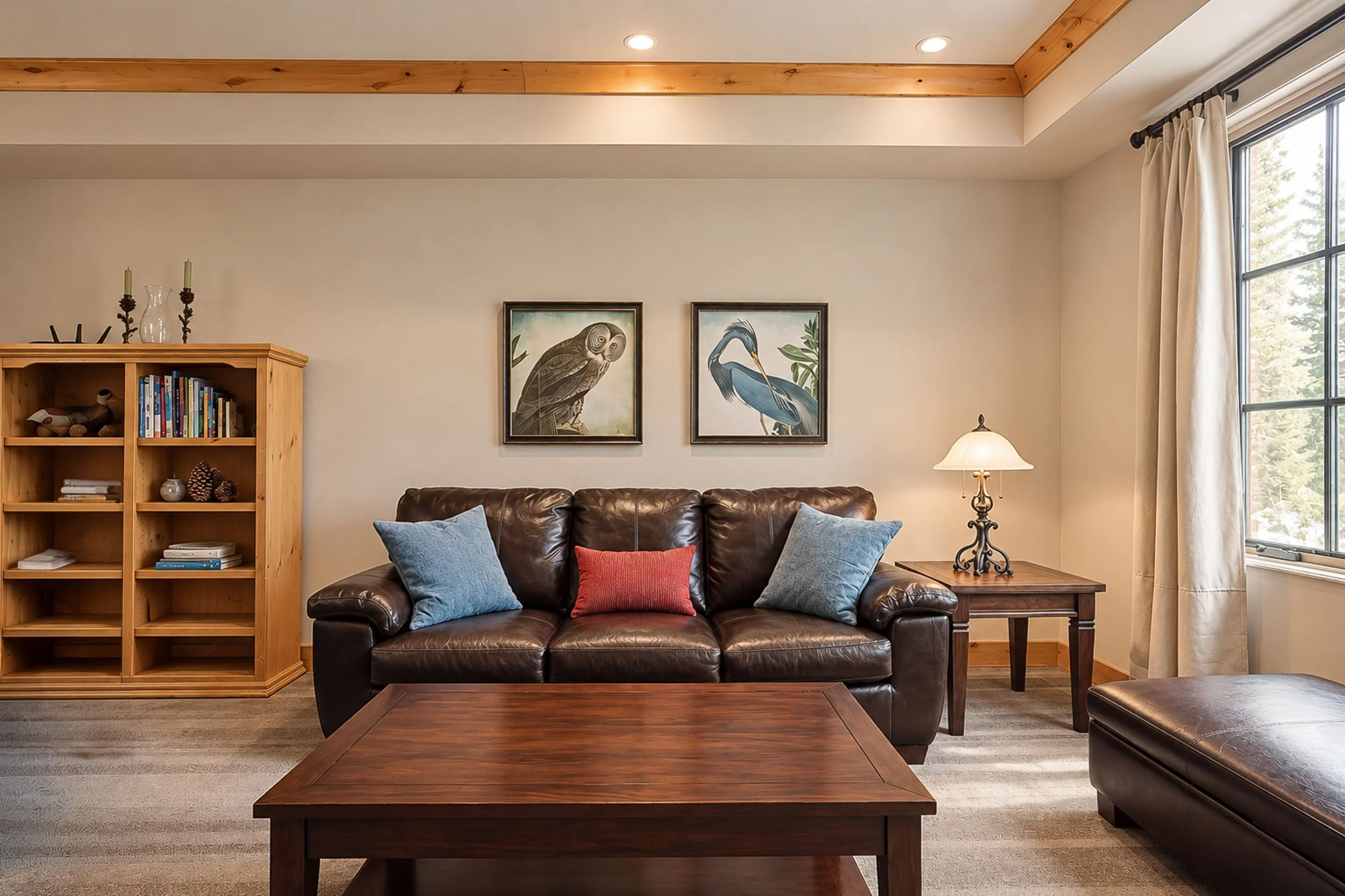 Bear Valley living room with a sofa, wood coffee table, shelving, and a large window