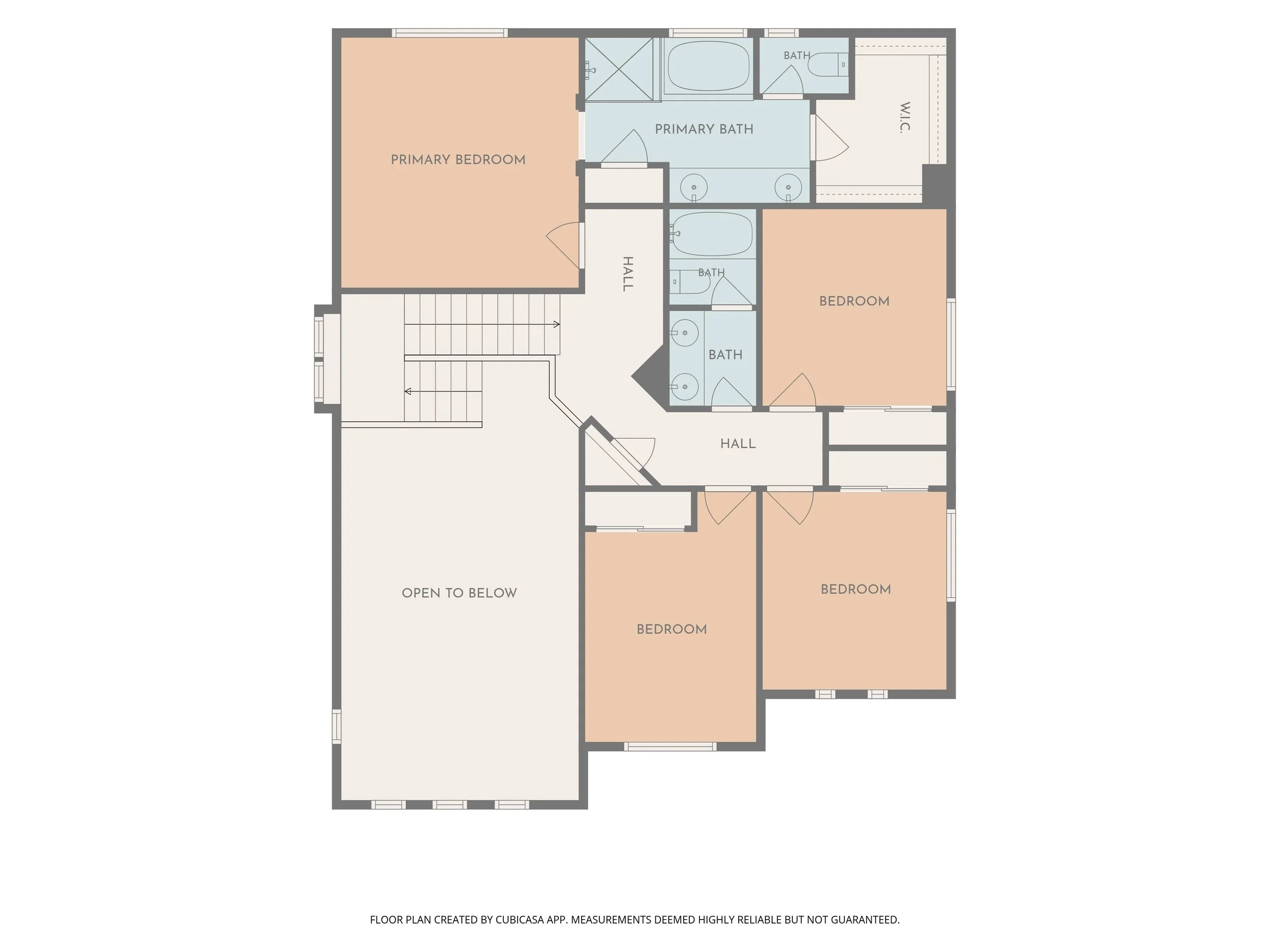 Floor plan of a multi-bedroom house showing three bedrooms, multiple bathrooms, hallways, and a staircase, with labels for primary bedroom, secondary bedrooms, bathrooms, hall, and open area below.
