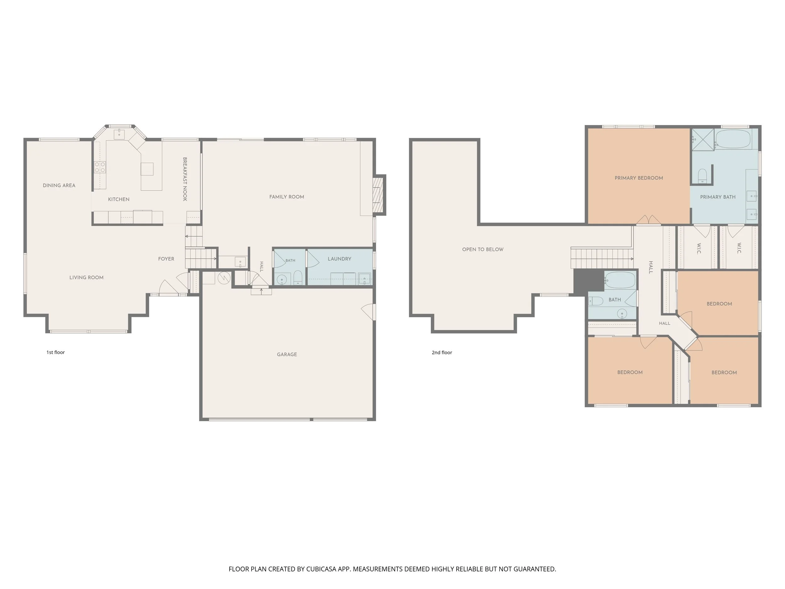 Floor plan of a two-story house, including rooms such as living room, kitchen, family room, dining area, bedrooms, bathrooms, laundry, garage, and hallways.