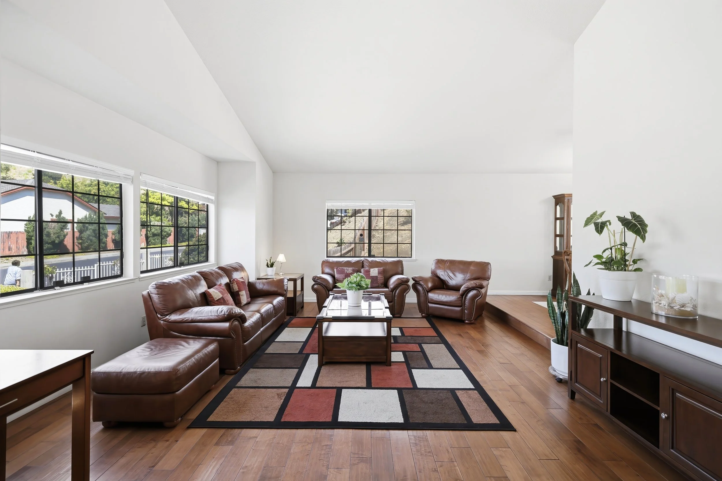 Living room with large windows, brown leather couches, a colorful geometric area rug, a wooden coffee table, indoor plants, and a display cabinet.