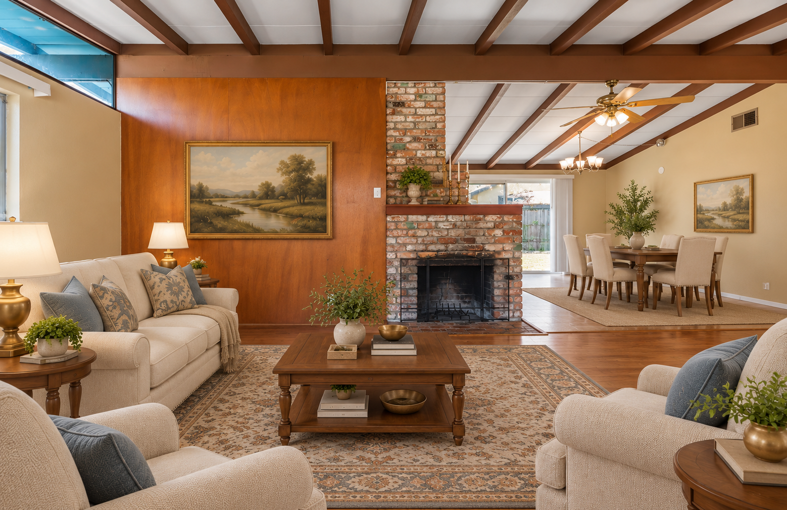 Living room with beige sofas and armchairs, wooden coffee table, brick fireplace, wood-paneled ceiling, and dining area with six chairs and a round wooden table, decorated with paintings, lamps, and potted plants.