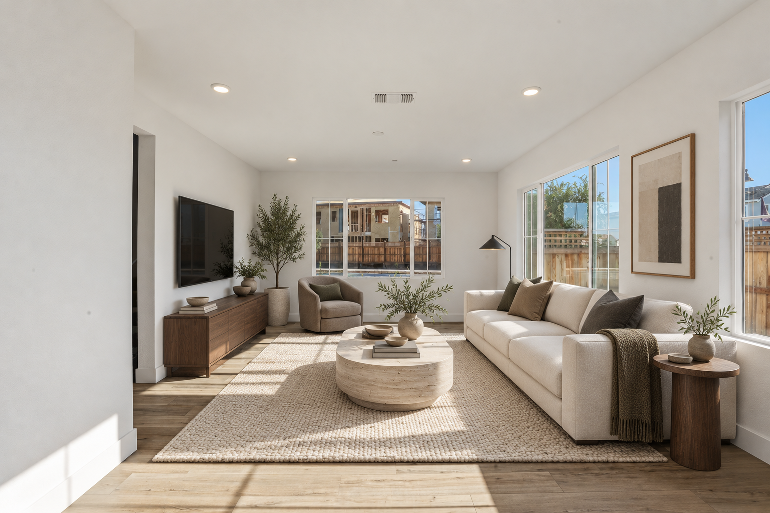 Bright living room with white walls, large windows, beige sofa with pillows, a small wooden side table with a vase, a modern armchair, a large round coffee table, a TV on a wooden console, and decorative plants.