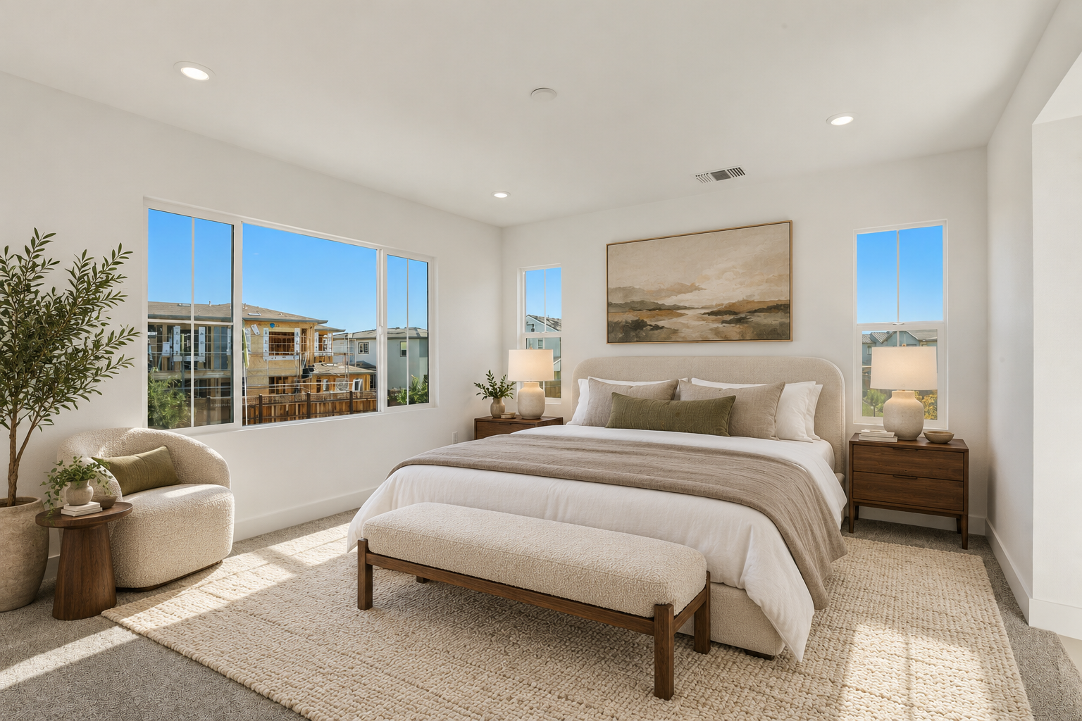Bright, modern bedroom with large windows, a cozy bed with neutral linens, two bedside tables with lamps, a beige bench at the foot of the bed, and minimalistic decor including a large landscape painting and a potted plant.