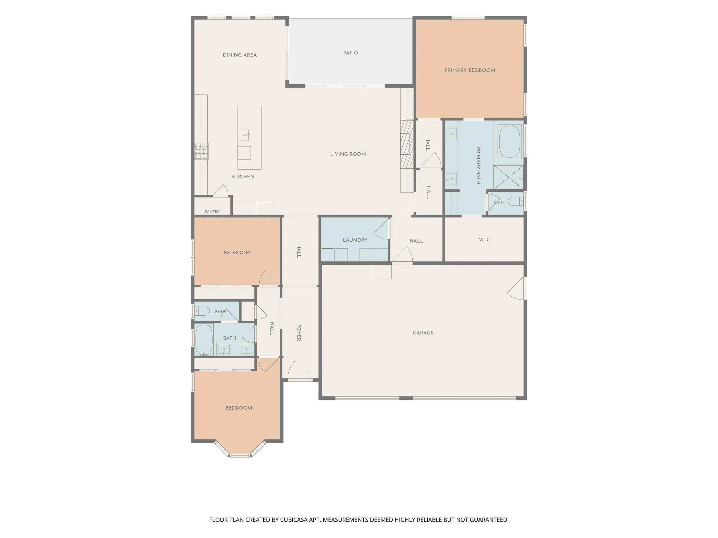 Floor plan of a house layout showing various rooms including bedrooms, bathrooms, kitchen, living room, dining area, laundry, garage, hallways, and patio.