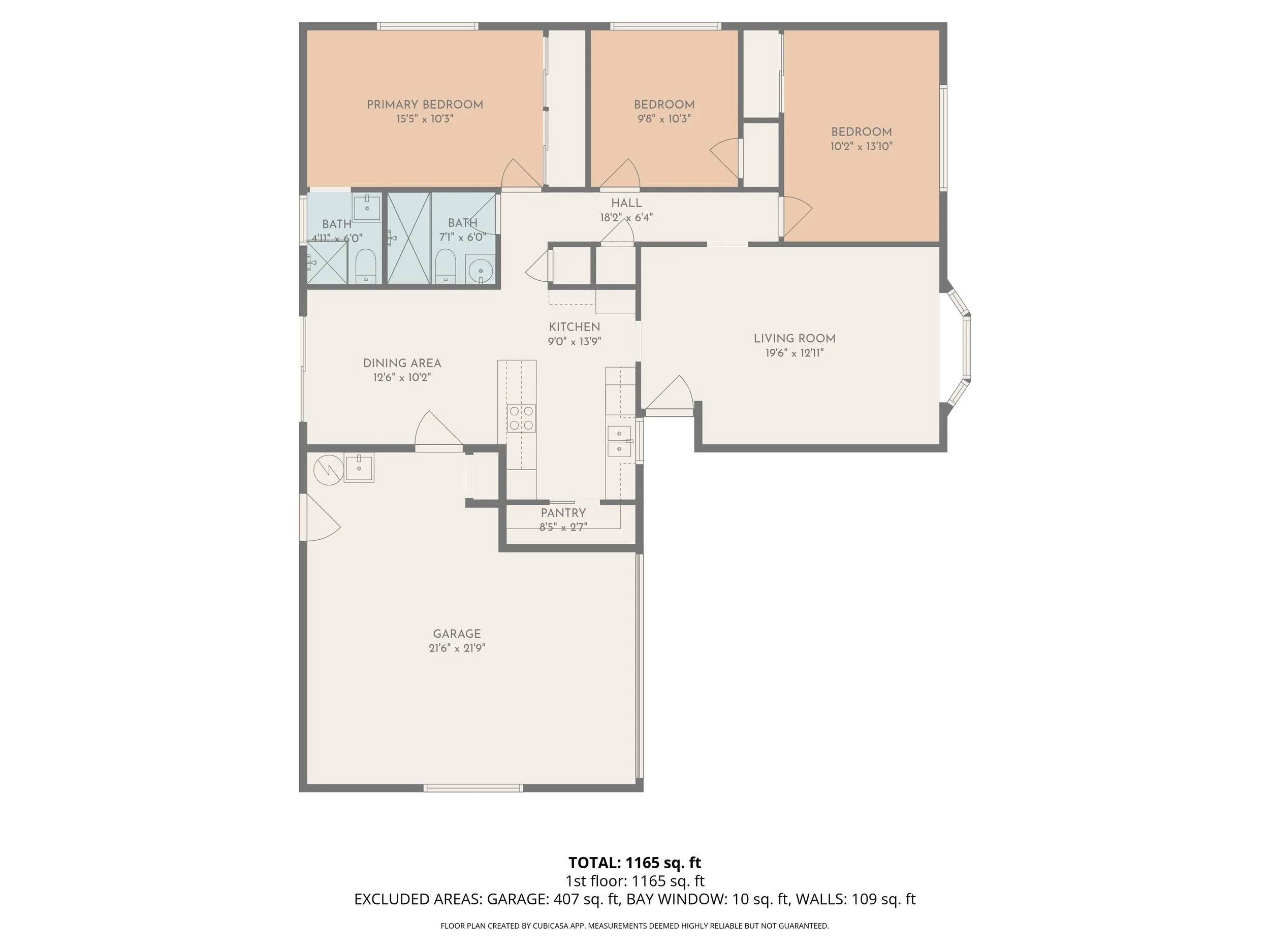 Floor plan of a house with labeled rooms including a primary bedroom, two additional bedrooms, two bathrooms, a hall, a kitchen, a dining area, a living room, a pantry, and a garage. The total area is 1165 square feet.