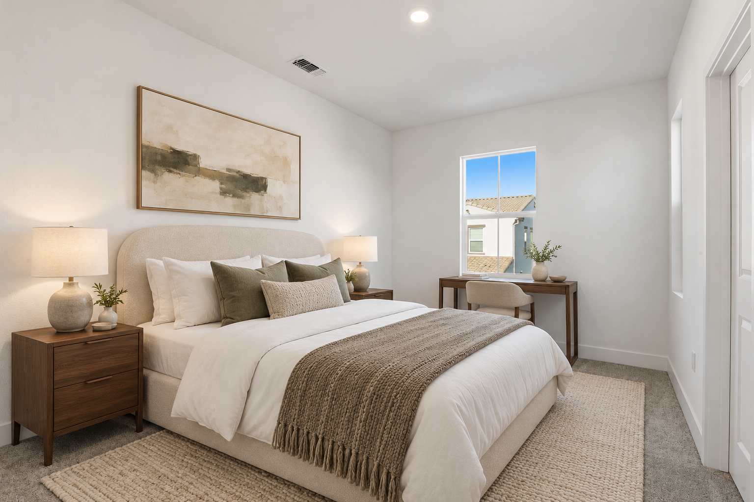 A bedroom with a large bed, white bedding, green and beige pillows, wooden nightstands with lamps, abstract artwork above the headboard, a window with a view of a neighboring house, a desk with a chair, and beige carpeting.